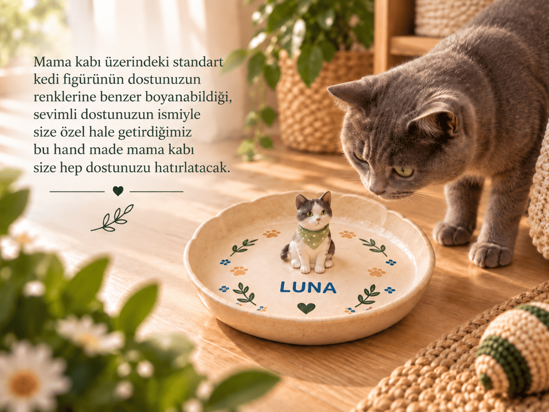 Seramik Handmade Kedi Figürlü Mama Kabı 