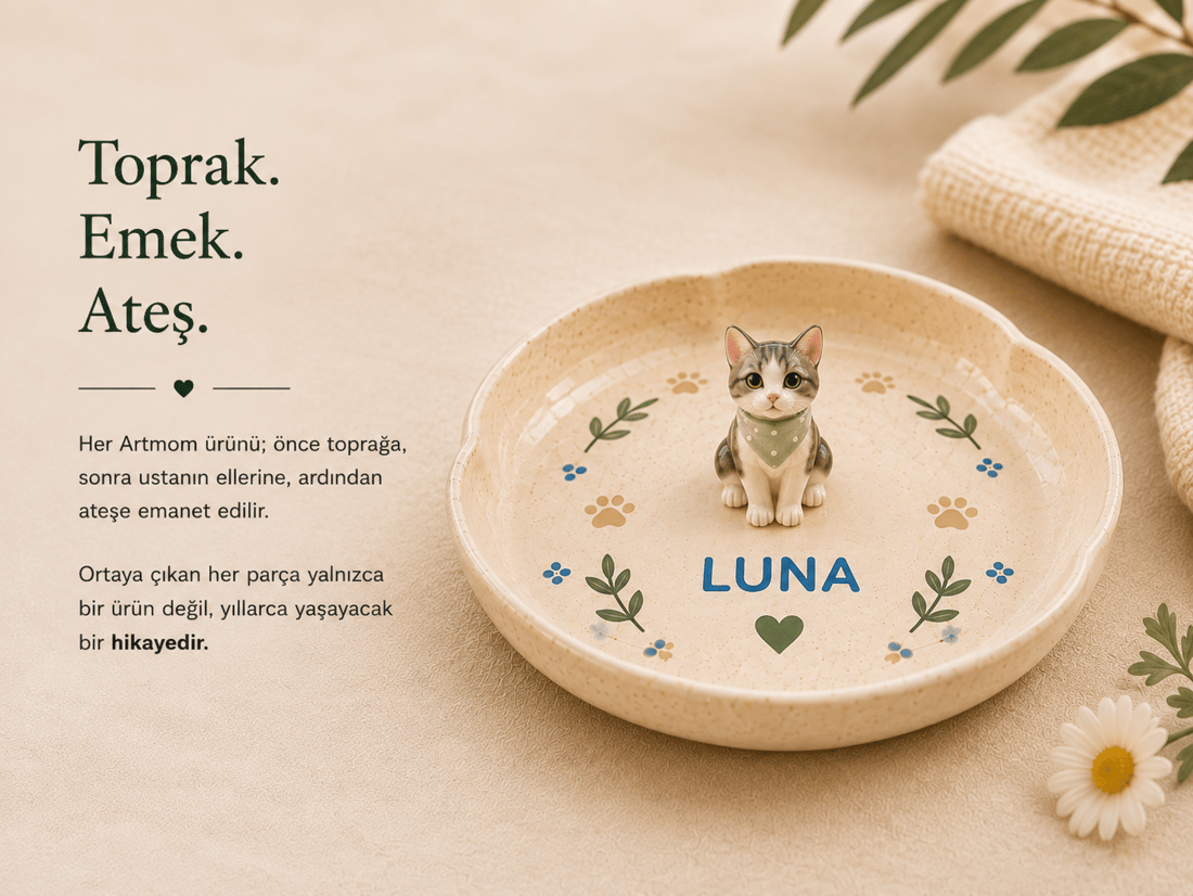 Seramik Handmade Kedi Figürlü Mama Kabı 