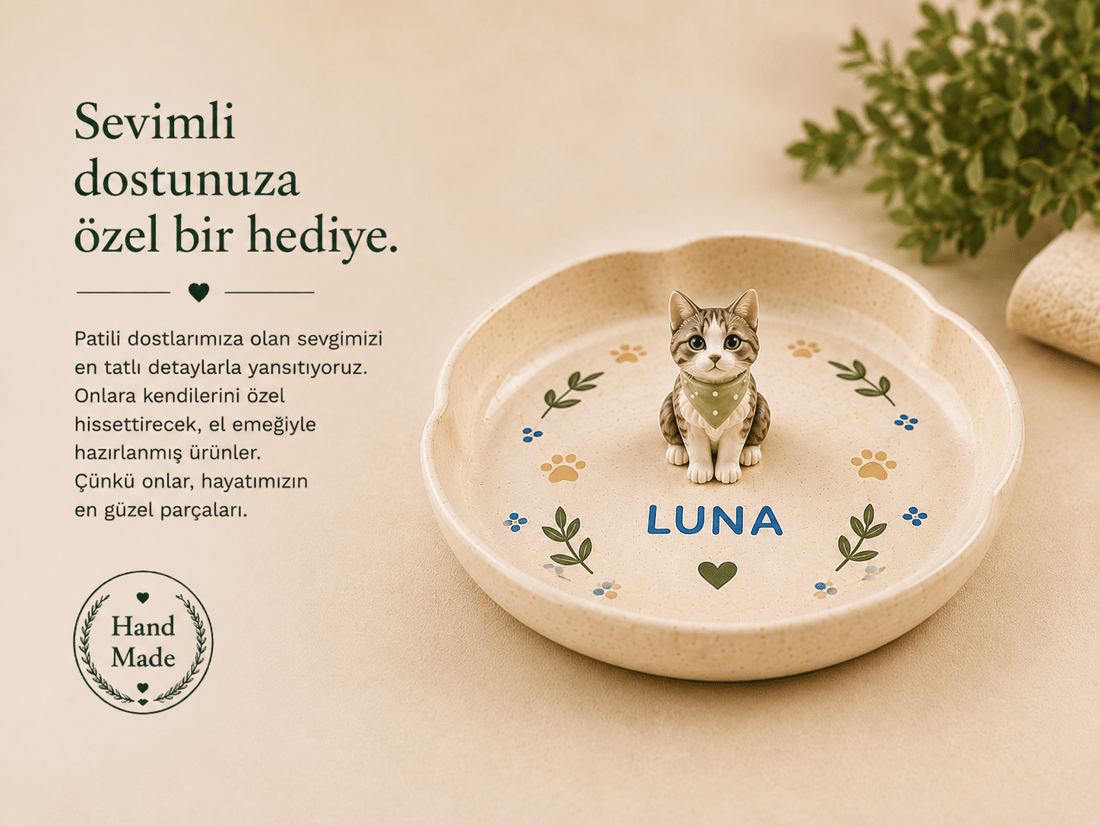 Seramik Handmade Kedi Figürlü Mama Kabı 