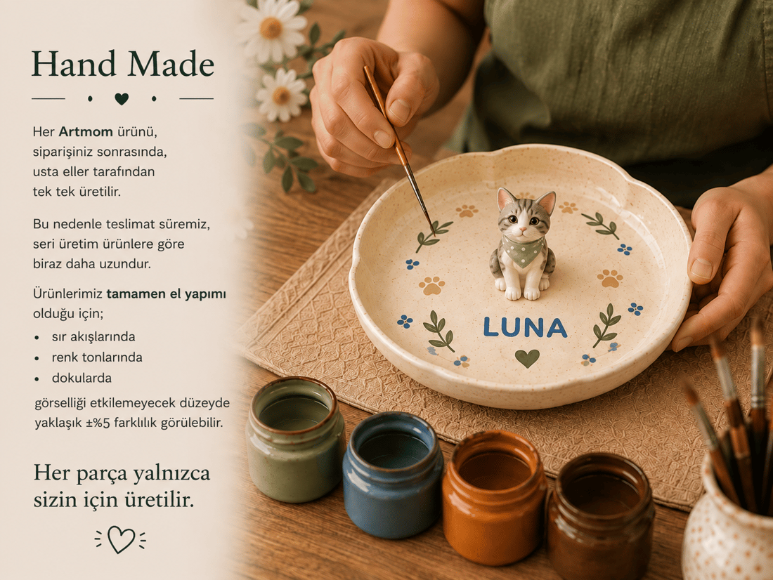 Seramik Handmade Kedi Figürlü Mama Kabı 