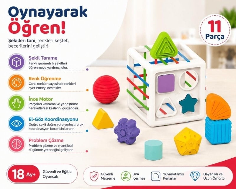 Montessori Şekil Eşleştirme Küpü - Geometrik Bloklu Eğitici Oyuncak