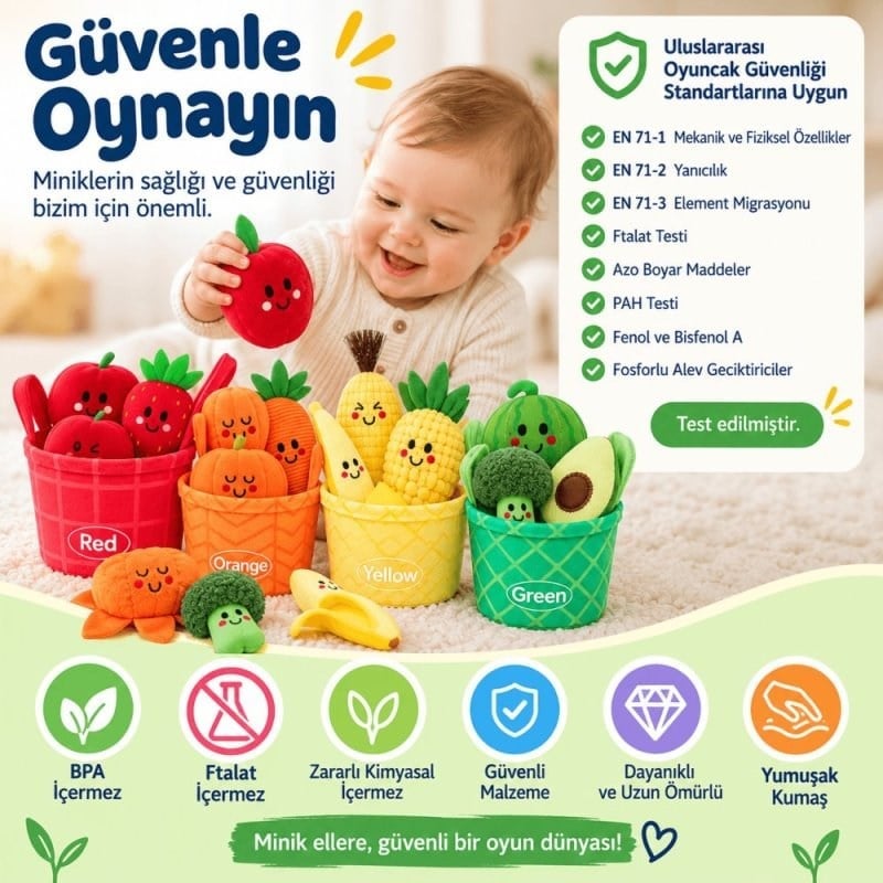 Robokids Montessori Meyve Sebze Renk Eşleştirme Duyusal Bebek Oyuncağı – 16 Parça