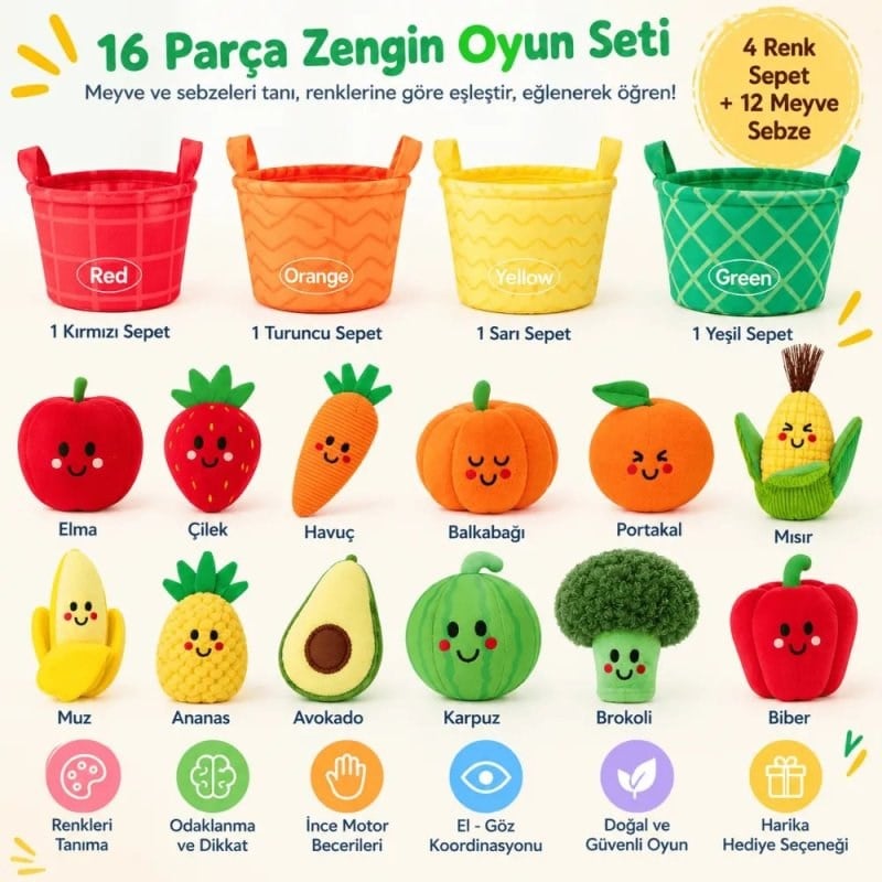 Robokids Montessori Meyve Sebze Renk Eşleştirme Duyusal Bebek Oyuncağı – 16 Parça