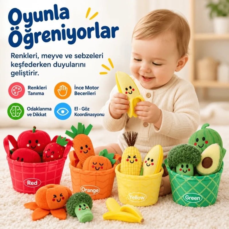 Robokids Montessori Meyve Sebze Renk Eşleştirme Duyusal Bebek Oyuncağı – 16 Parça