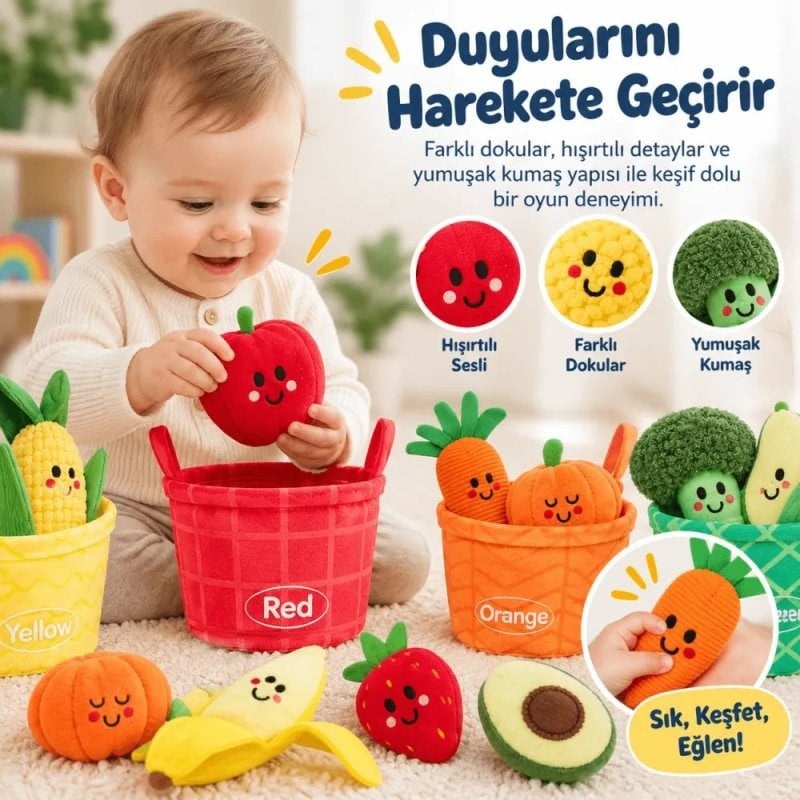 Robokids Montessori Meyve Sebze Renk Eşleştirme Duyusal Bebek Oyuncağı – 16 Parça