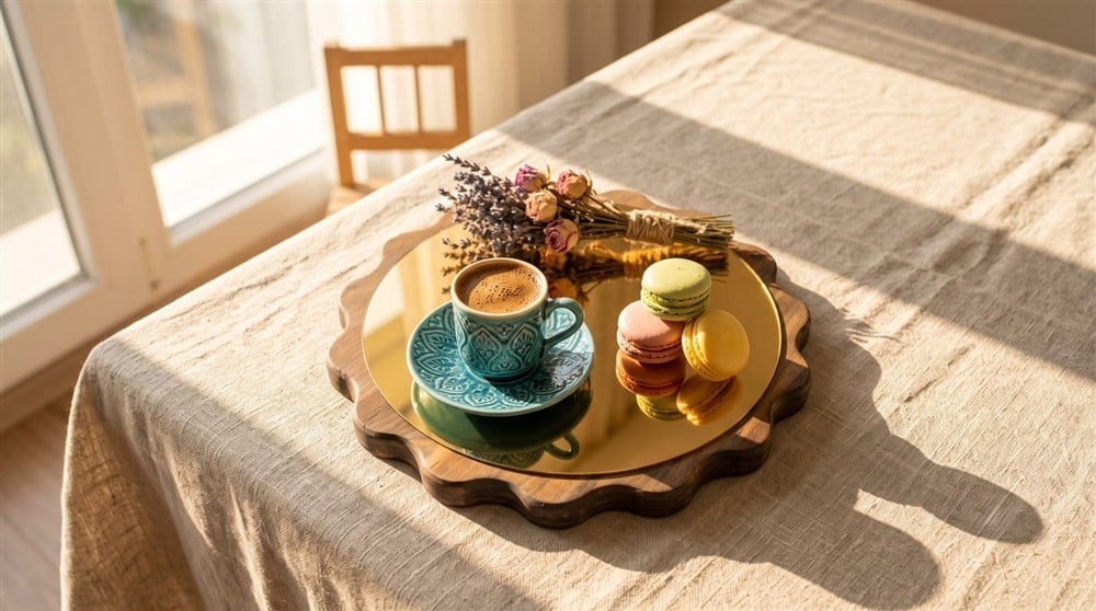 Büyük Boy Gold Papatya Ahşap Sunumluk ,Supla ,Nihale ,Kahvelik ,Pasta ve Kek Standı,Aynalı %100 Çam
