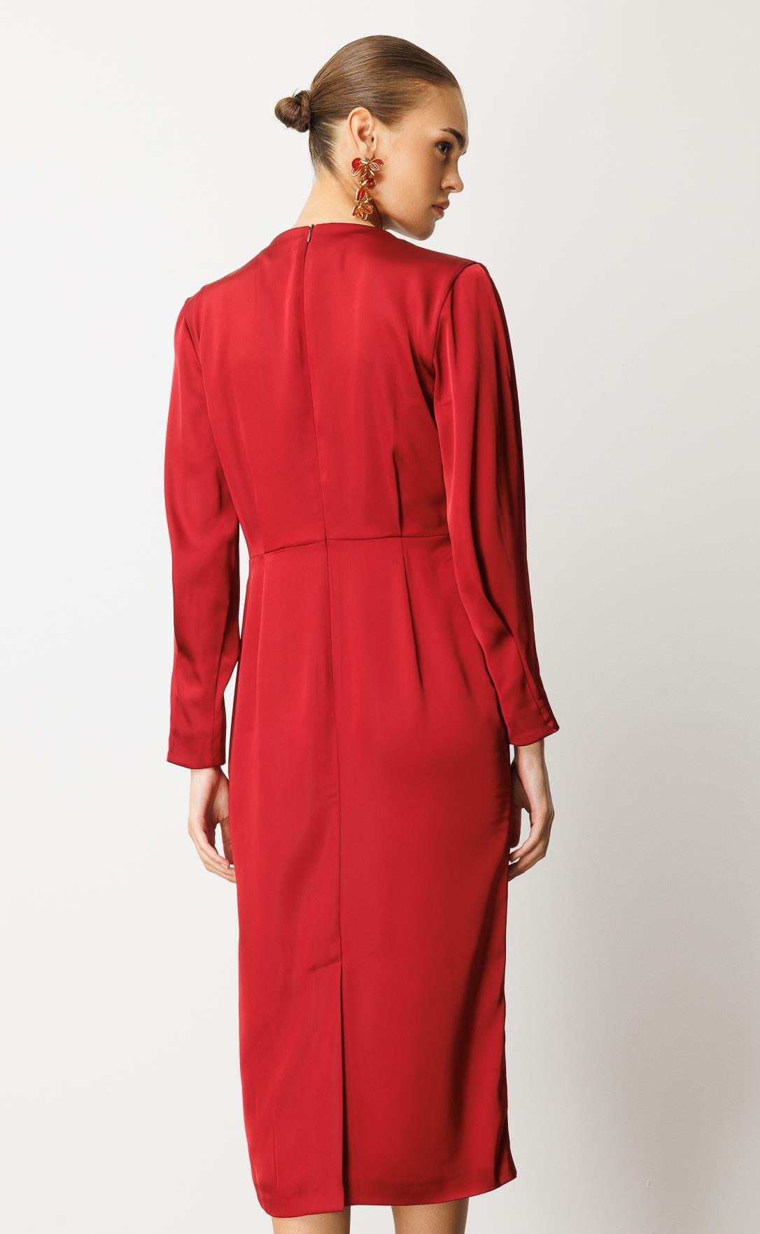  Drapeli Yüksek Yaka  Midi Elbise BORDO