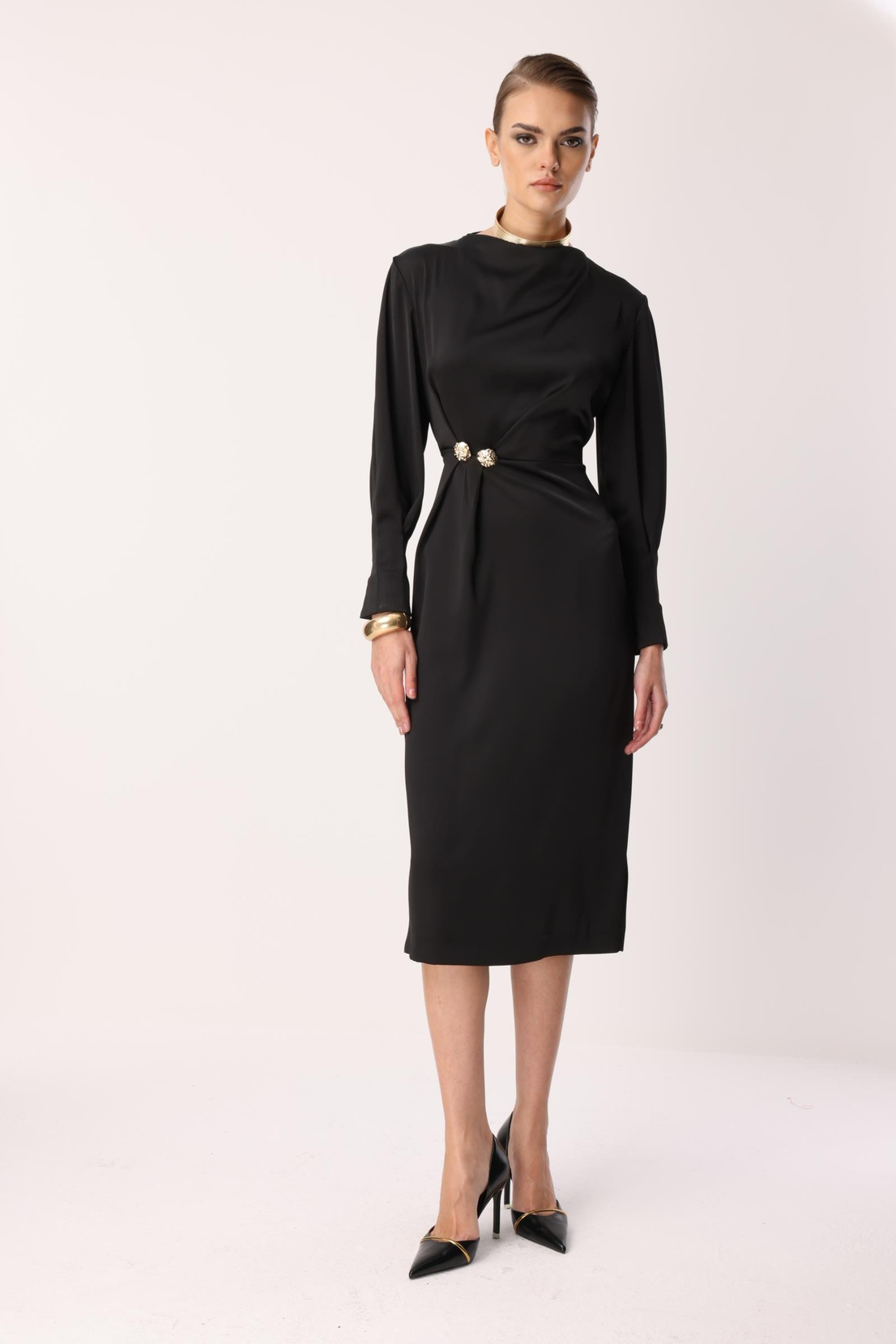  Drapeli Yüksek Yaka  Midi Elbise SİYAH