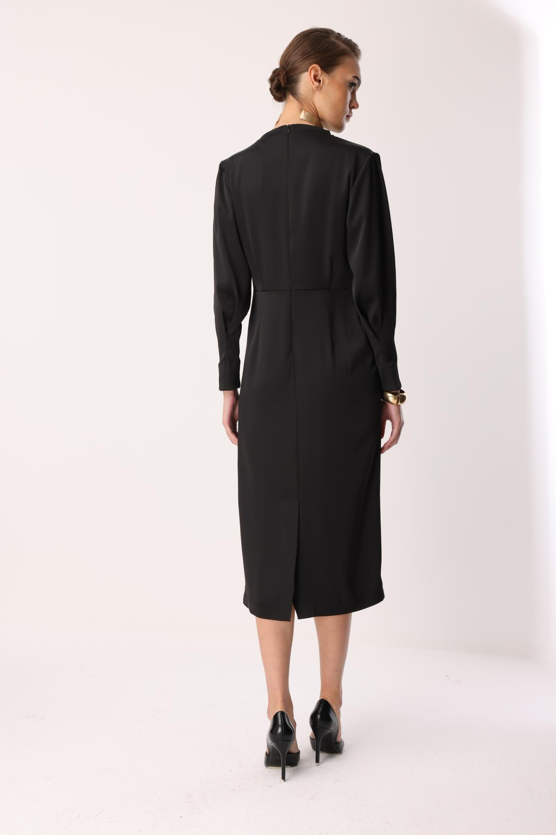  Drapeli Yüksek Yaka  Midi Elbise SİYAH