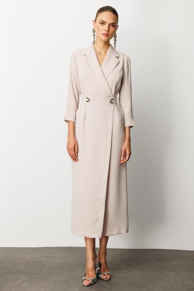 Aksesuar Detaylı Kruvaze Elbise BEJ