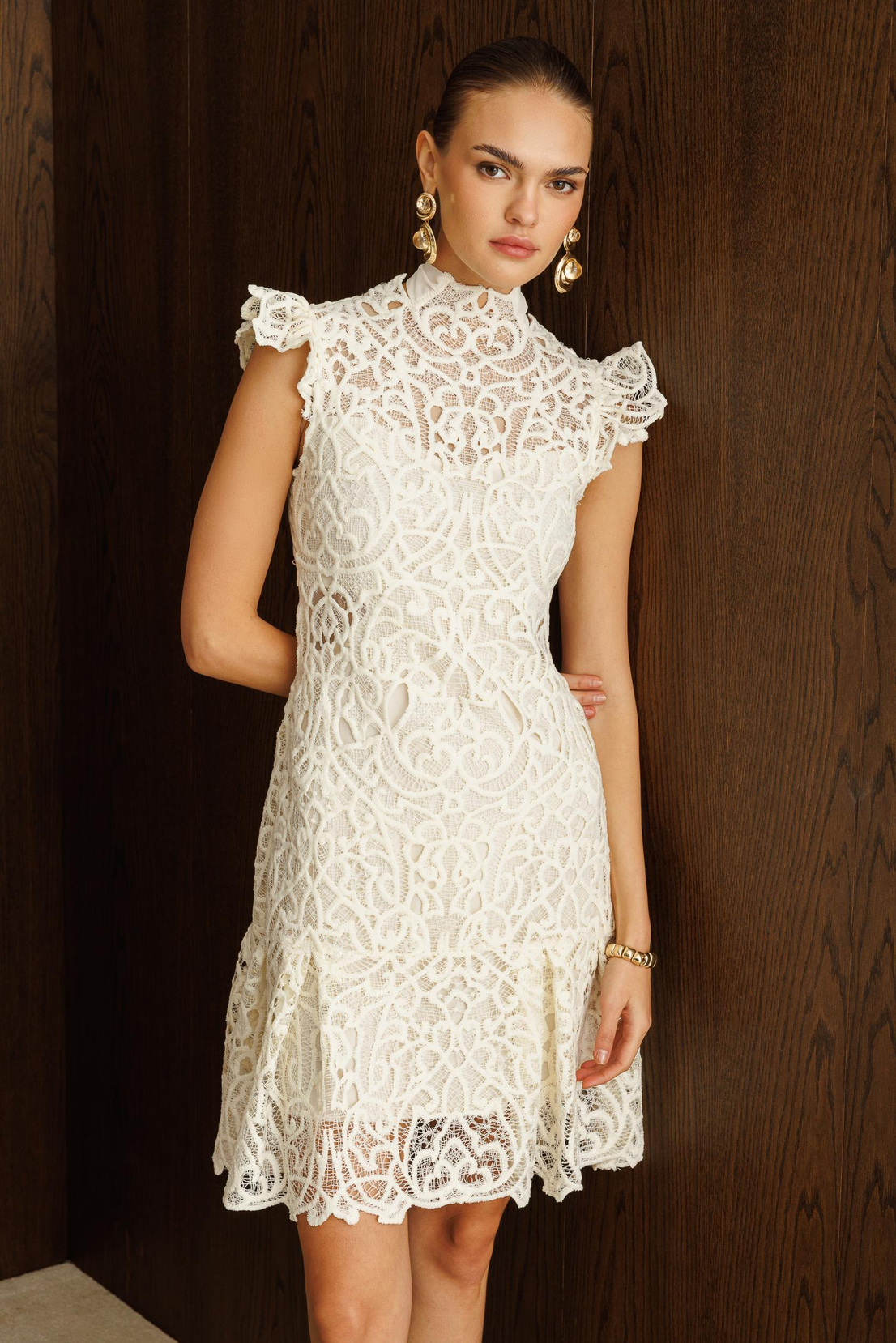 Arka Fular Detaylı Dantel Elbise EKRU