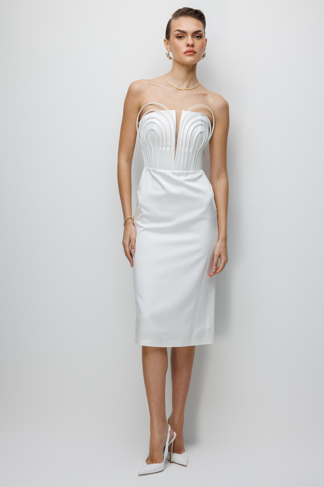 Balenli Midi Boy Straplez Elbise EKRU