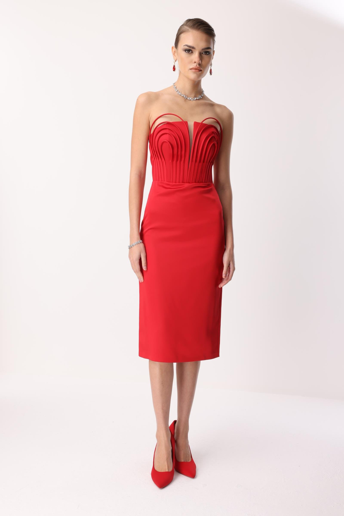 Balenli Midi Boy Straplez Elbise KIRMIZI