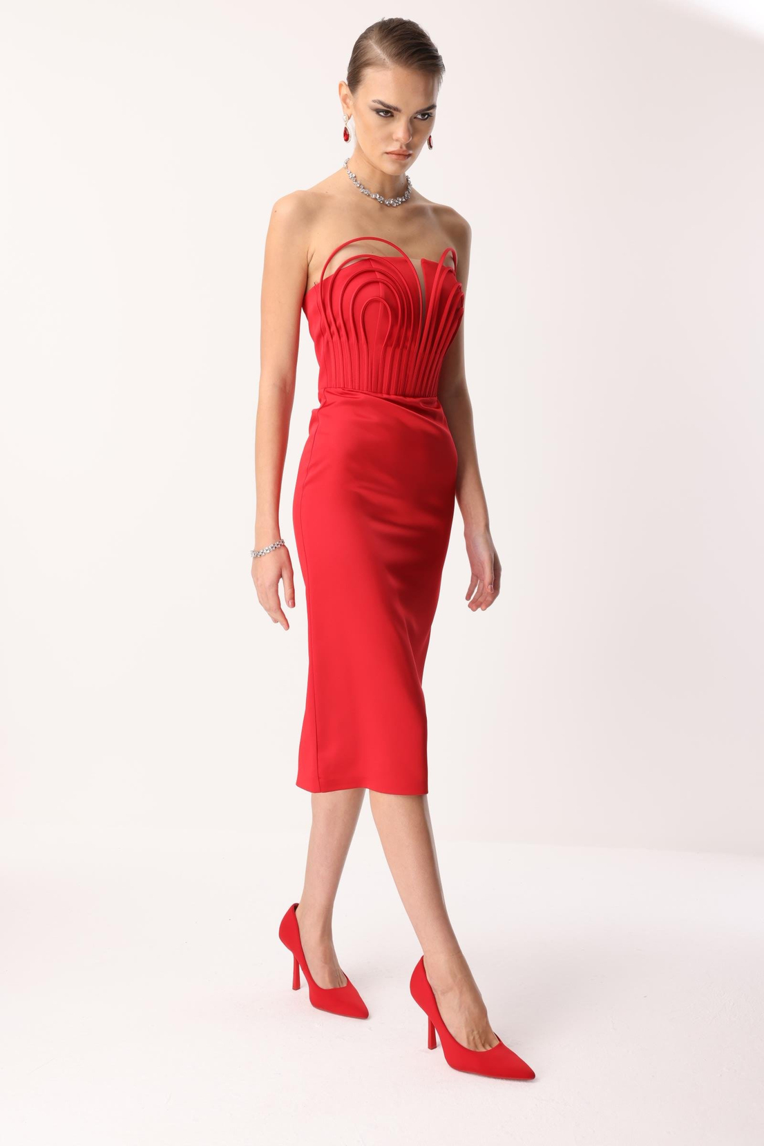 Balenli Midi Boy Straplez Elbise KIRMIZI