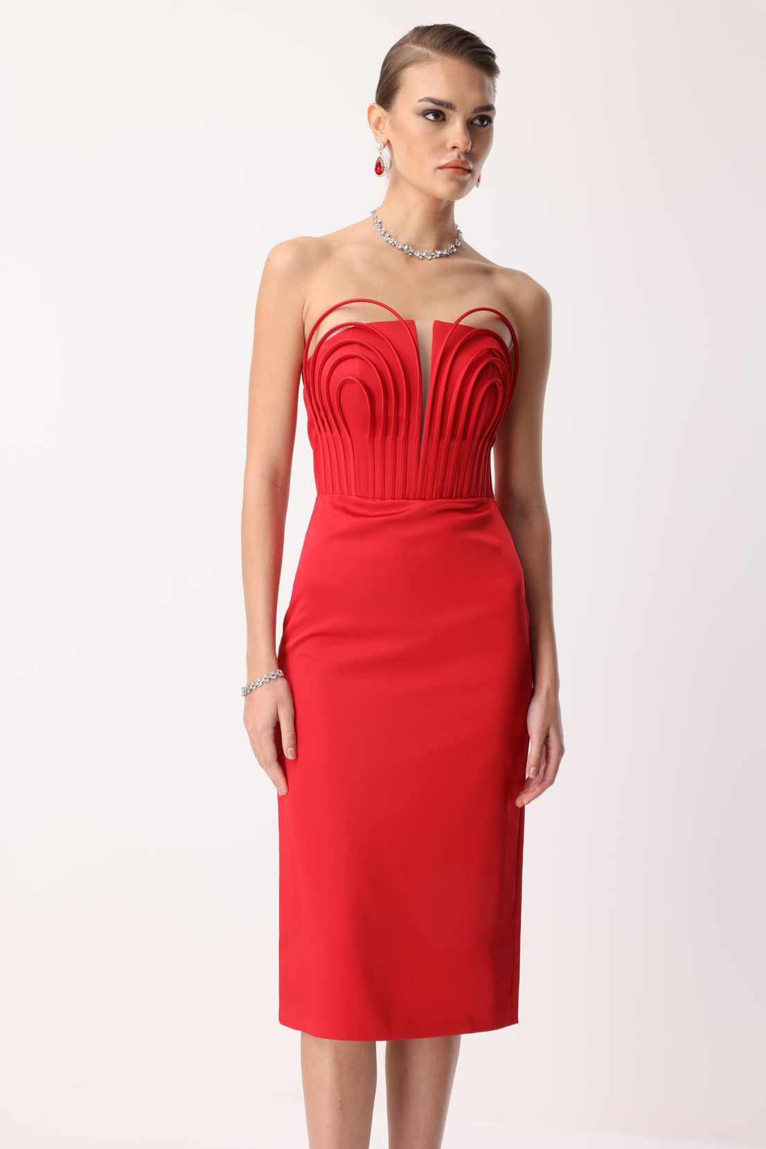 Balenli Midi Boy Straplez Elbise KIRMIZI