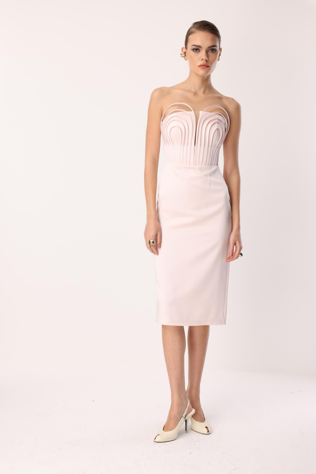 Balenli Midi Boy Straplez Elbise PUDRA