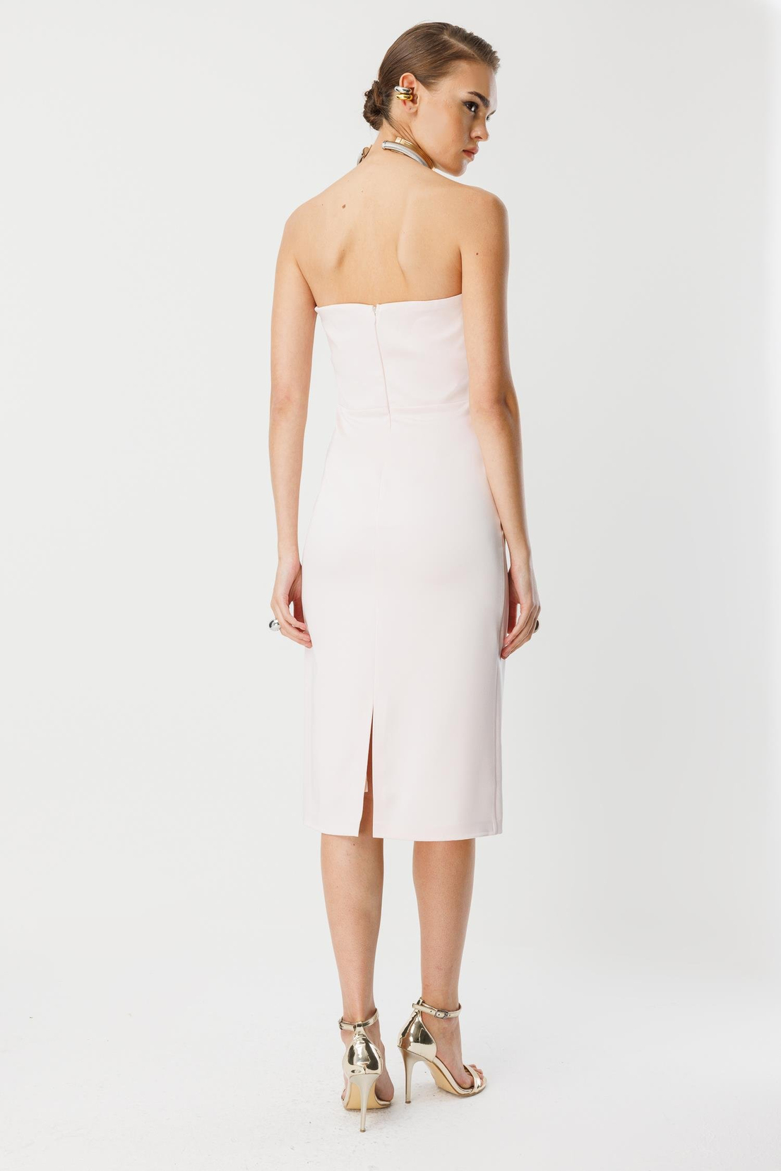 Balenli Midi Boy Straplez Elbise PUDRA