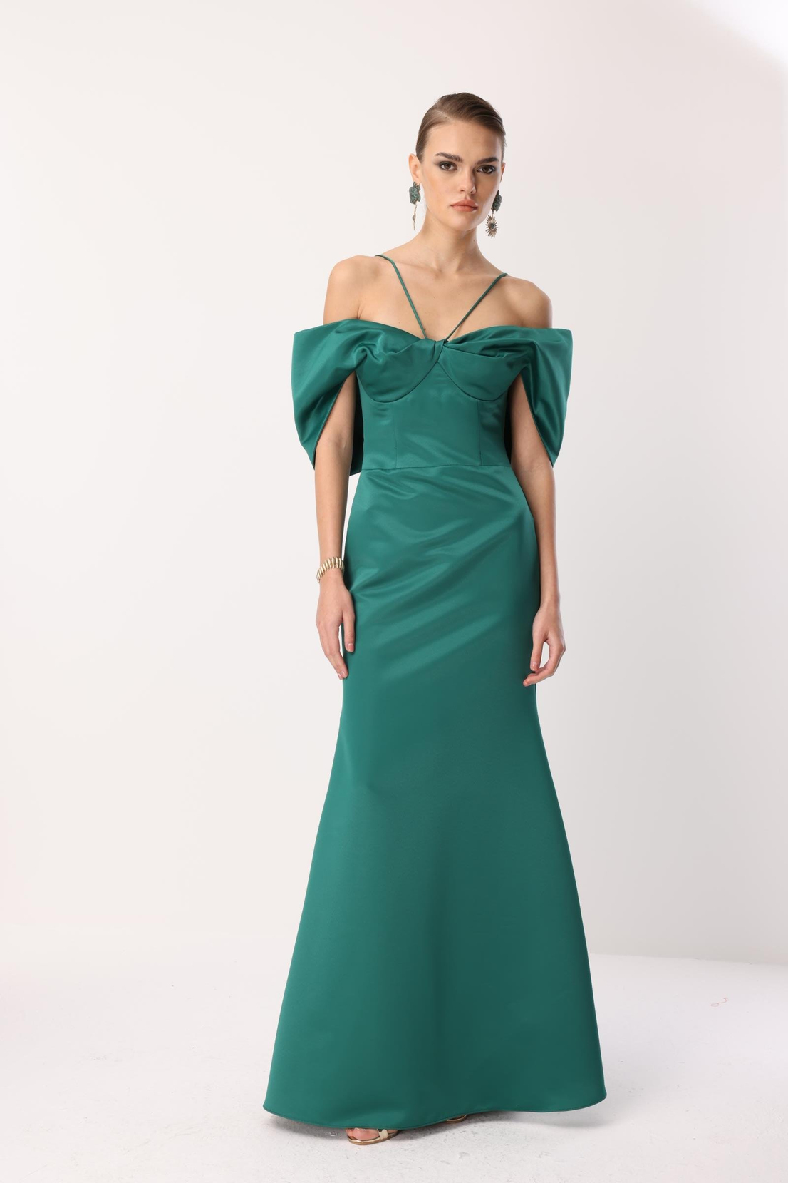 Balık Model Yaka Detaylı Maxi Abiye YEŞİL