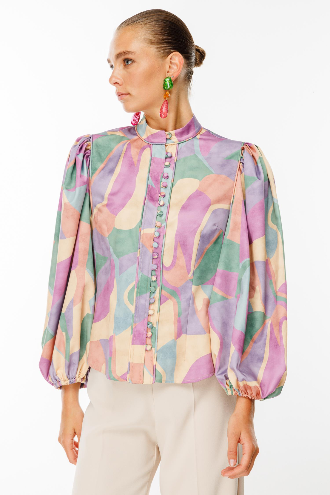 Balon Kol Birit Düğmeli Gömlek DESENLİ