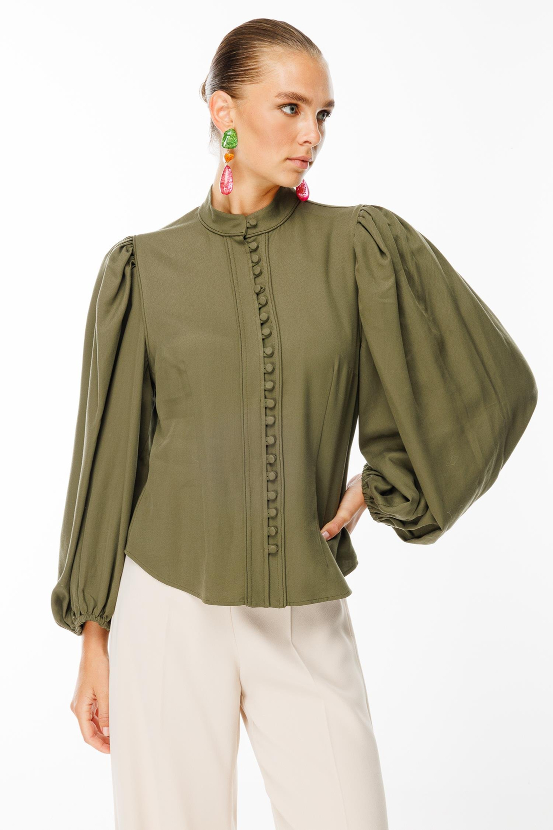 Balon Kol Birit Düğmeli Gömlek HAKİ