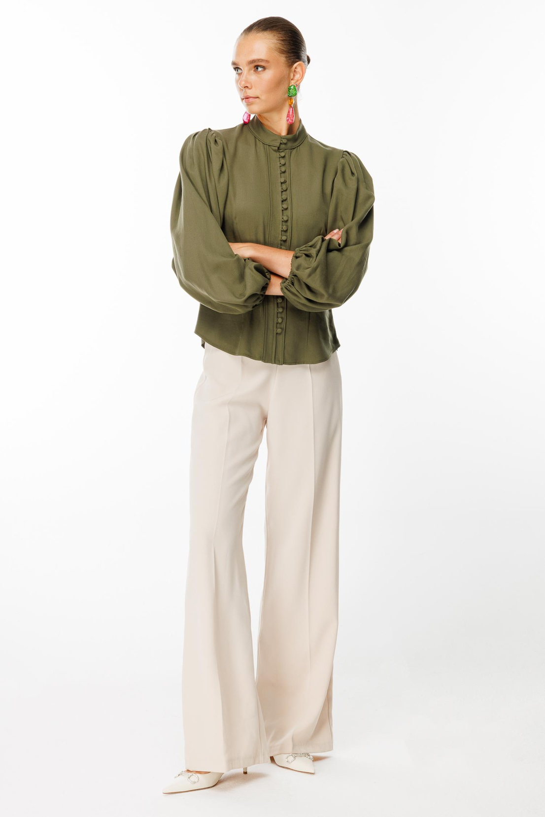 Balon Kol Birit Düğmeli Gömlek HAKİ