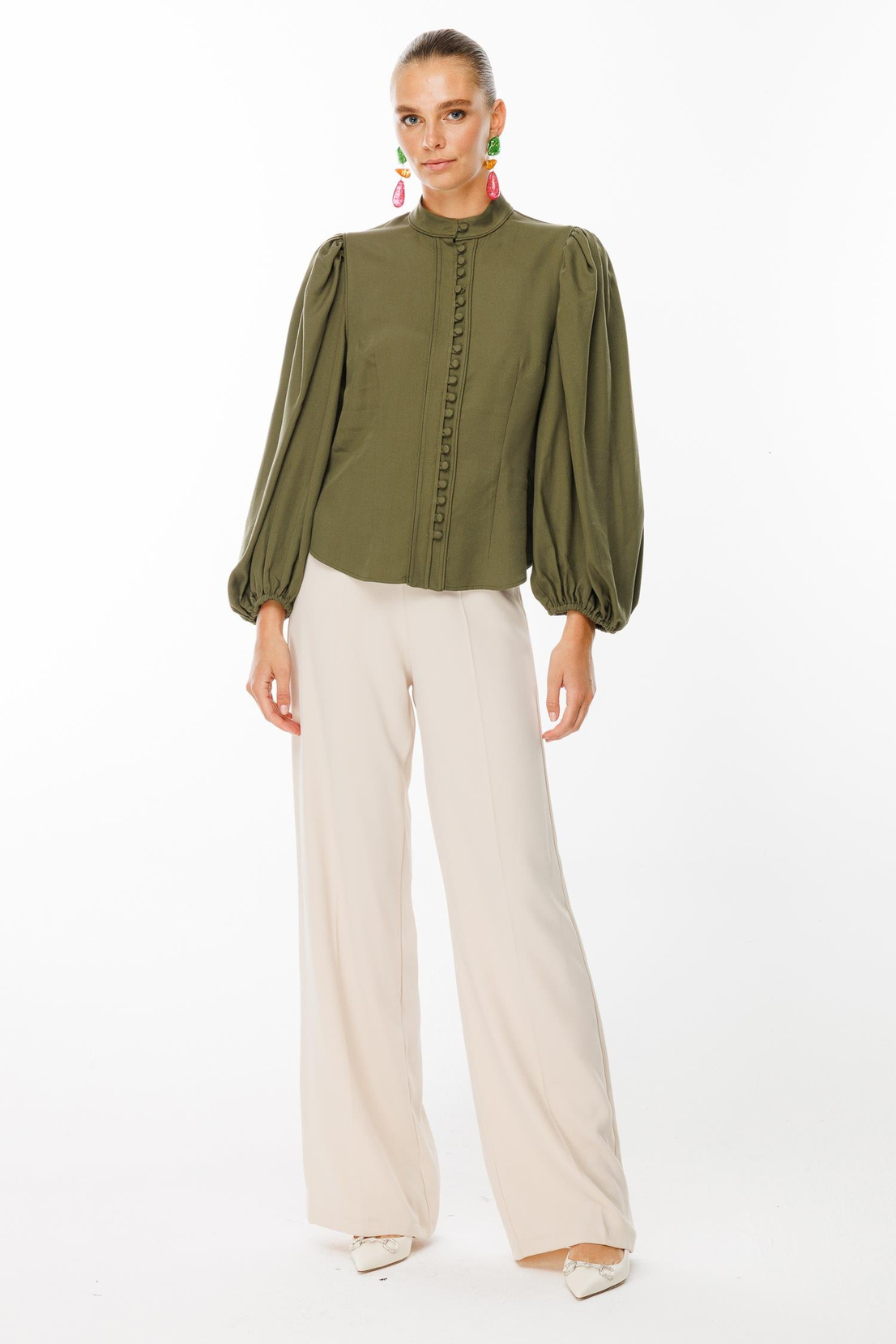 Balon Kol Birit Düğmeli Gömlek HAKİ