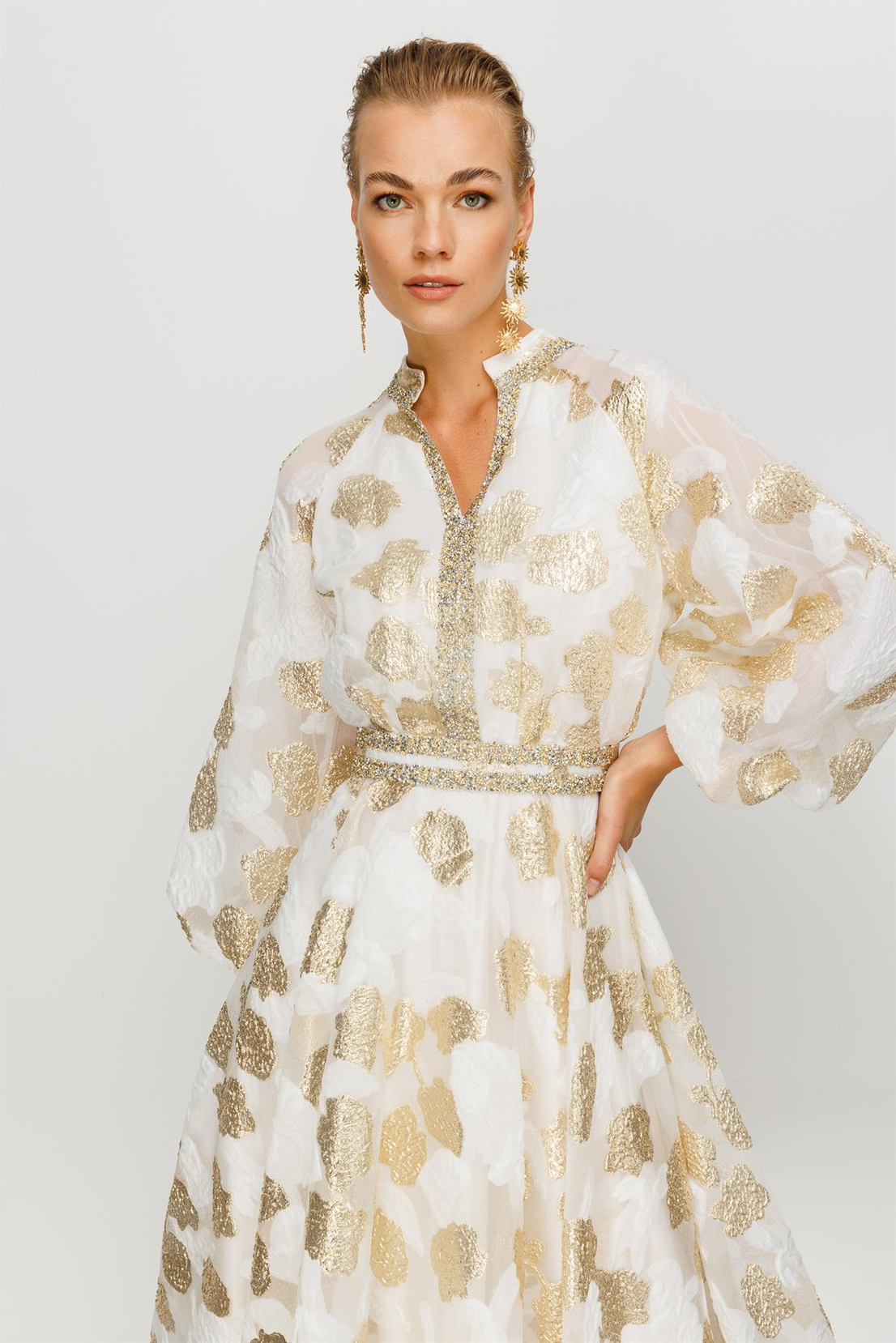 Balon Kol Gold Varaklı Elbise