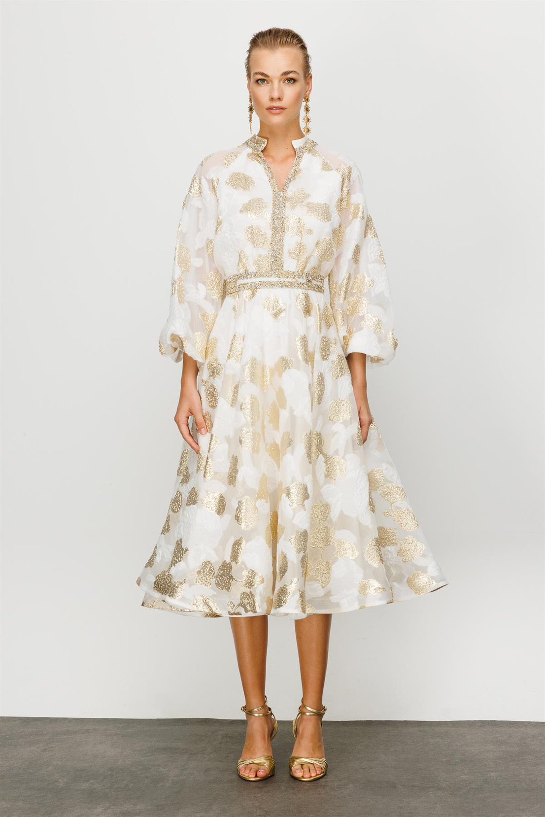 Balon Kol Gold Varaklı Elbise