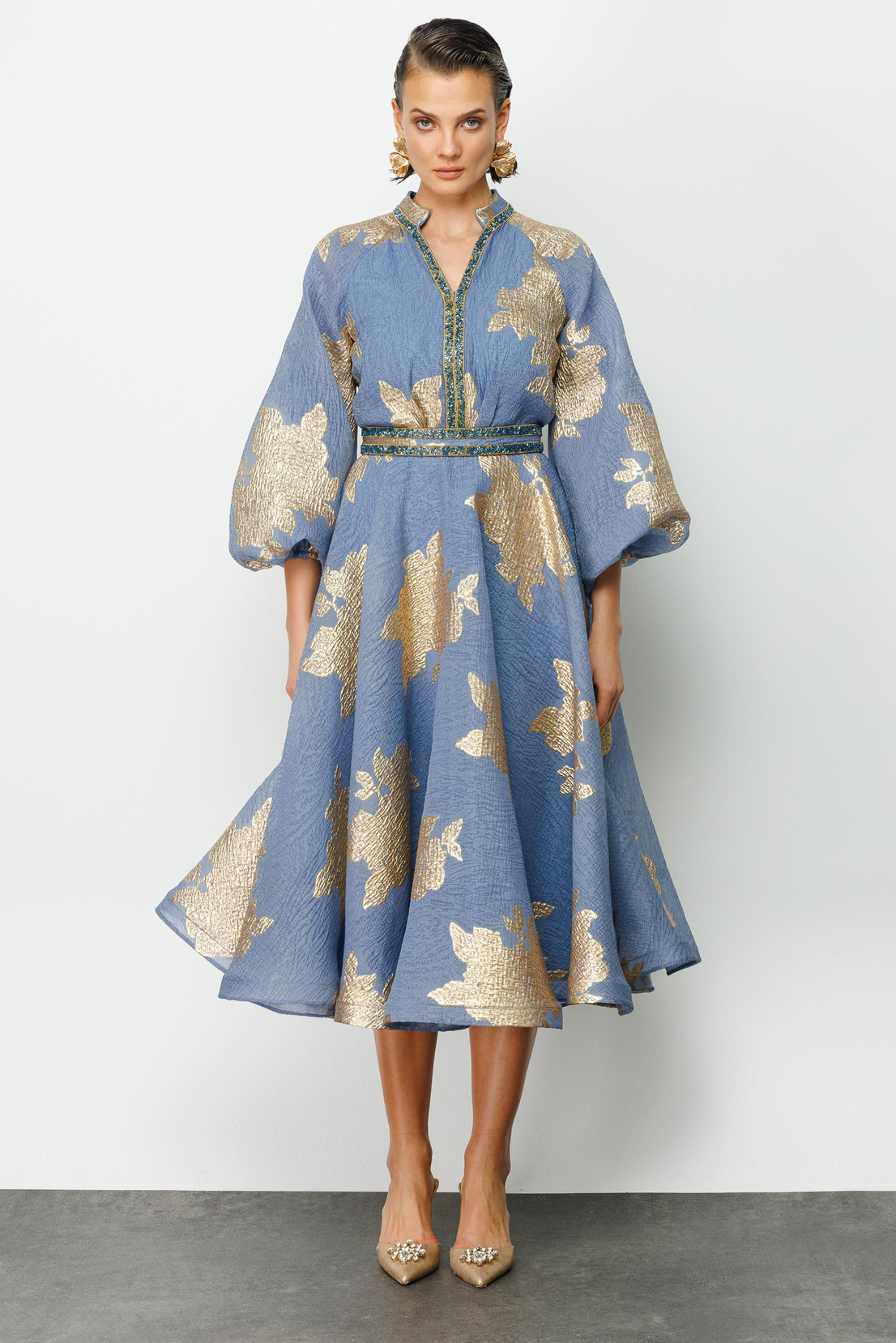 Balon Kol Varaklı Elbise MAVİ