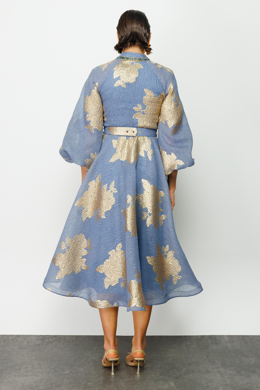 Balon Kol Varaklı Elbise MAVİ