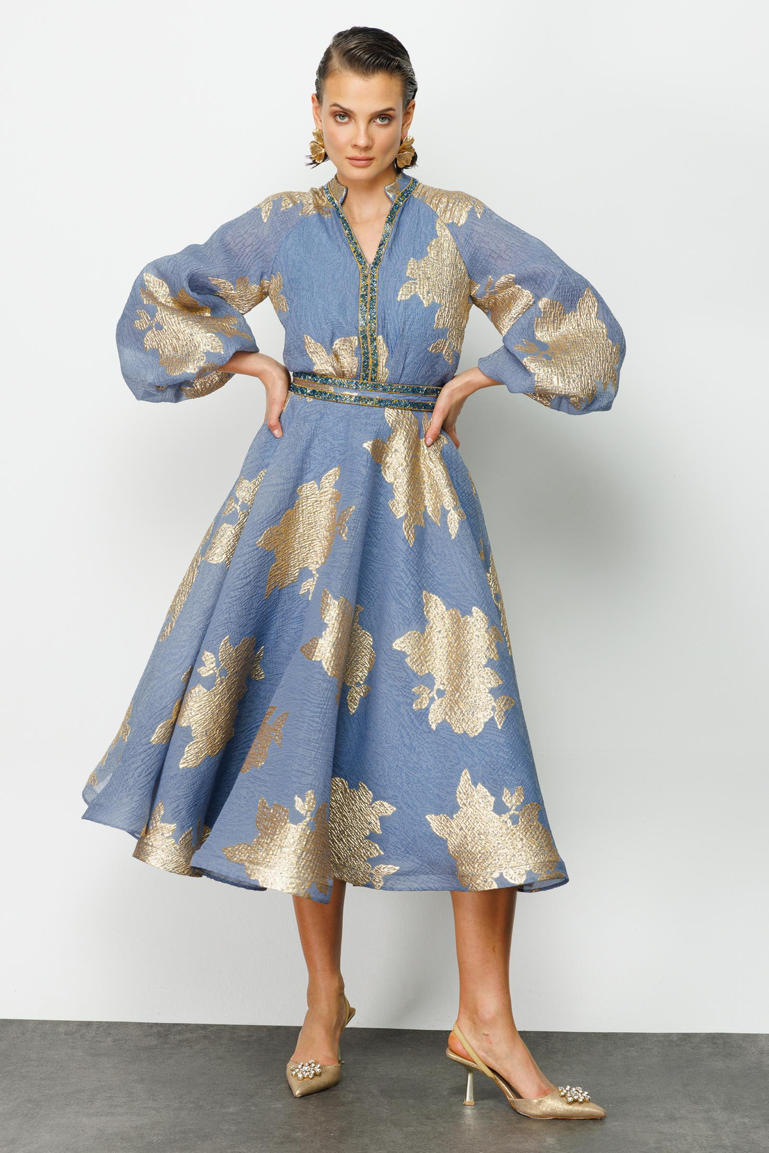 Balon Kol Varaklı Elbise MAVİ