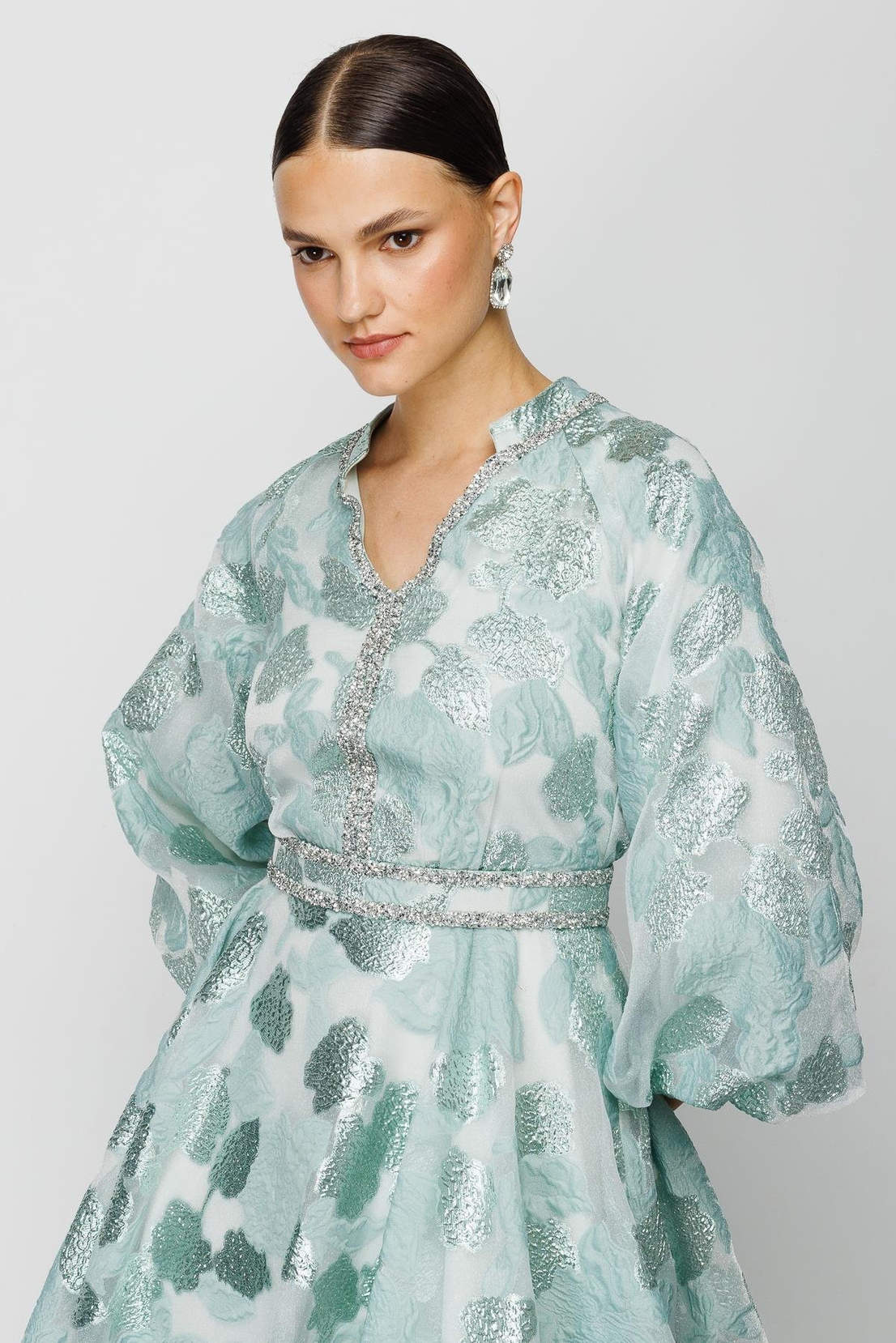 Balon Kol Varaklı Elbise YEŞİL