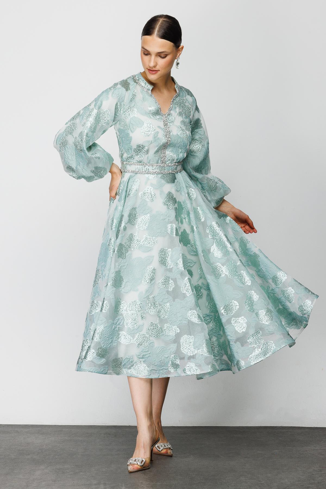 Balon Kol Varaklı Elbise YEŞİL