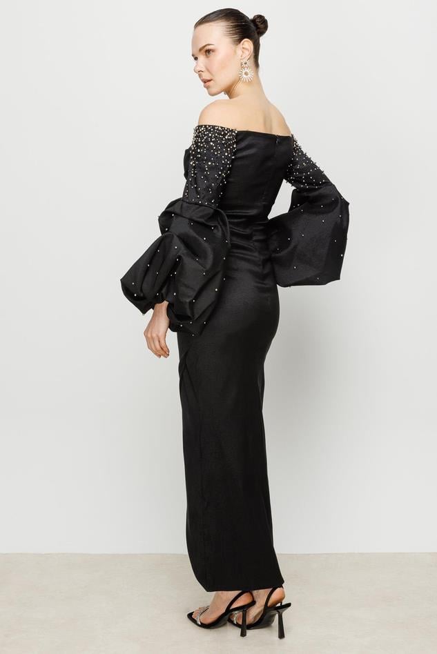 Balon Kollu Taş Detay Elbise SİYAH