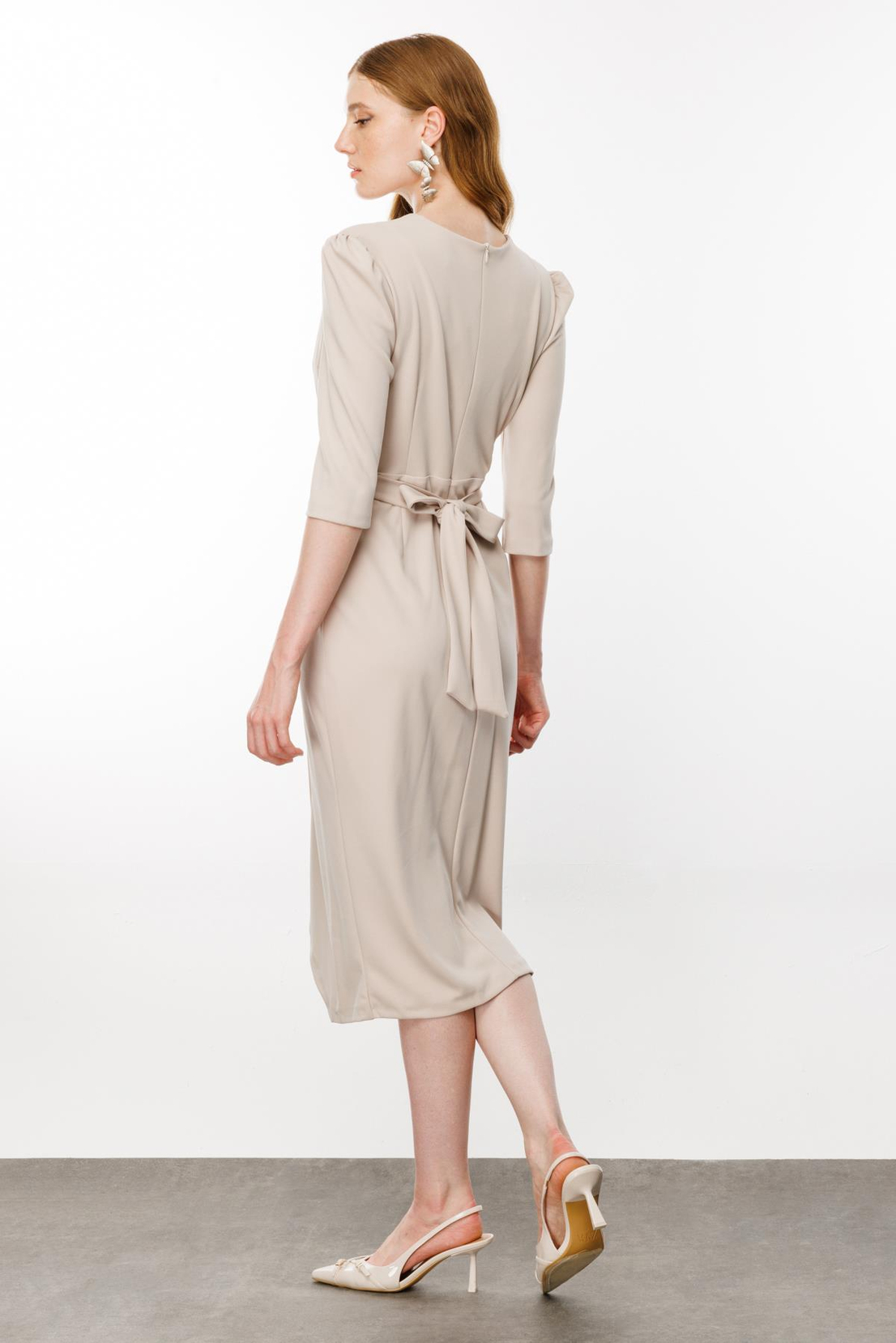 Bej Renk Kruvaze Anvelop Elbise