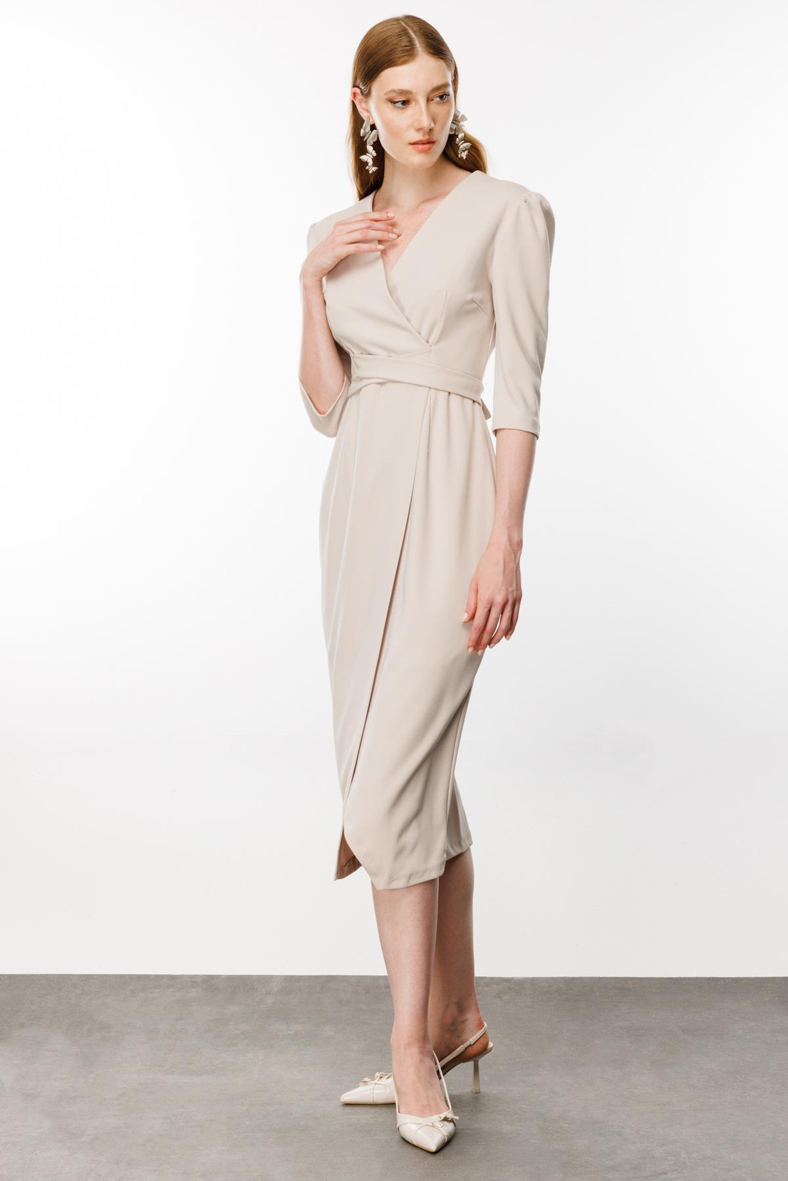 Bej Renk Kruvaze Anvelop Elbise