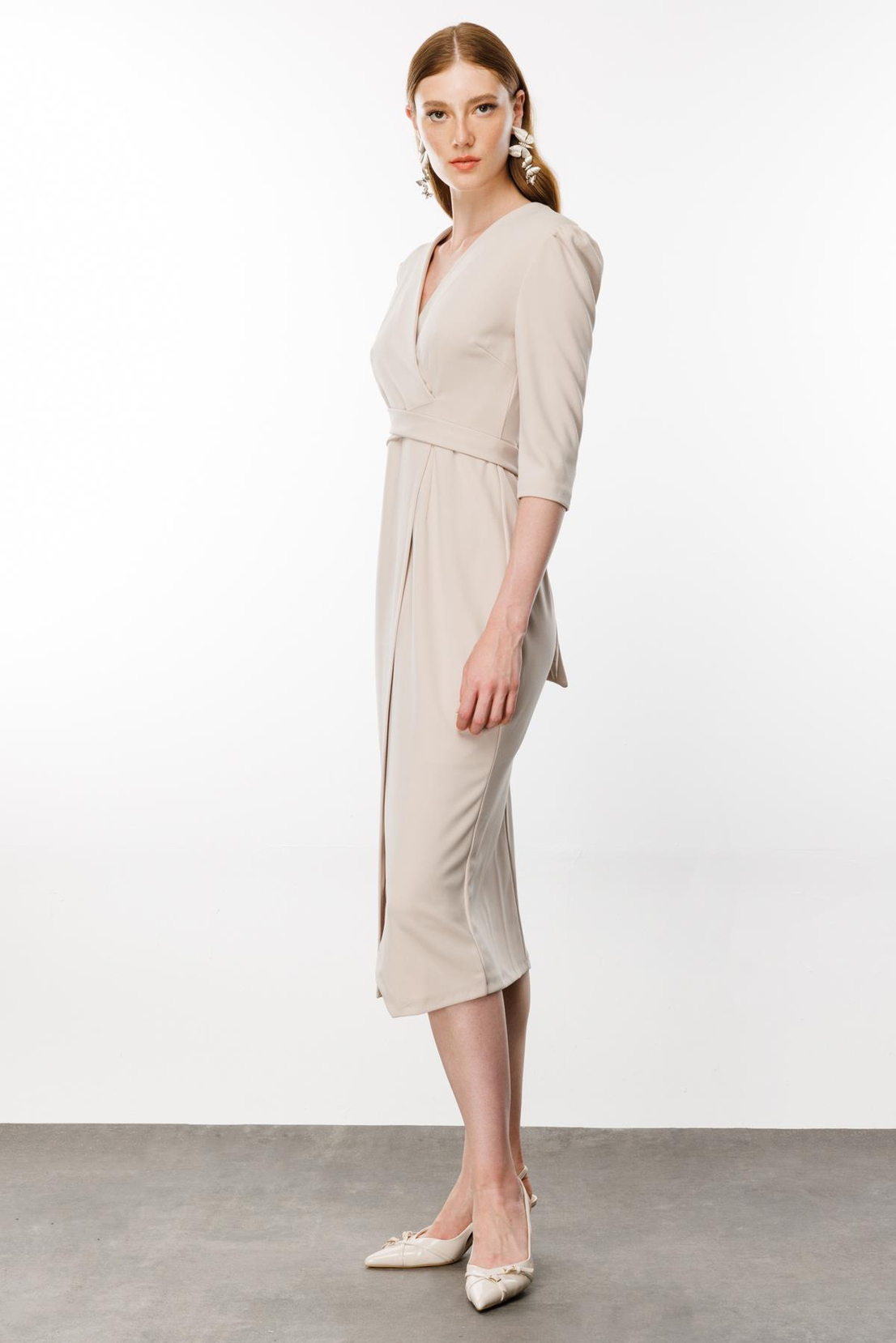 Bej Renk Kruvaze Anvelop Elbise