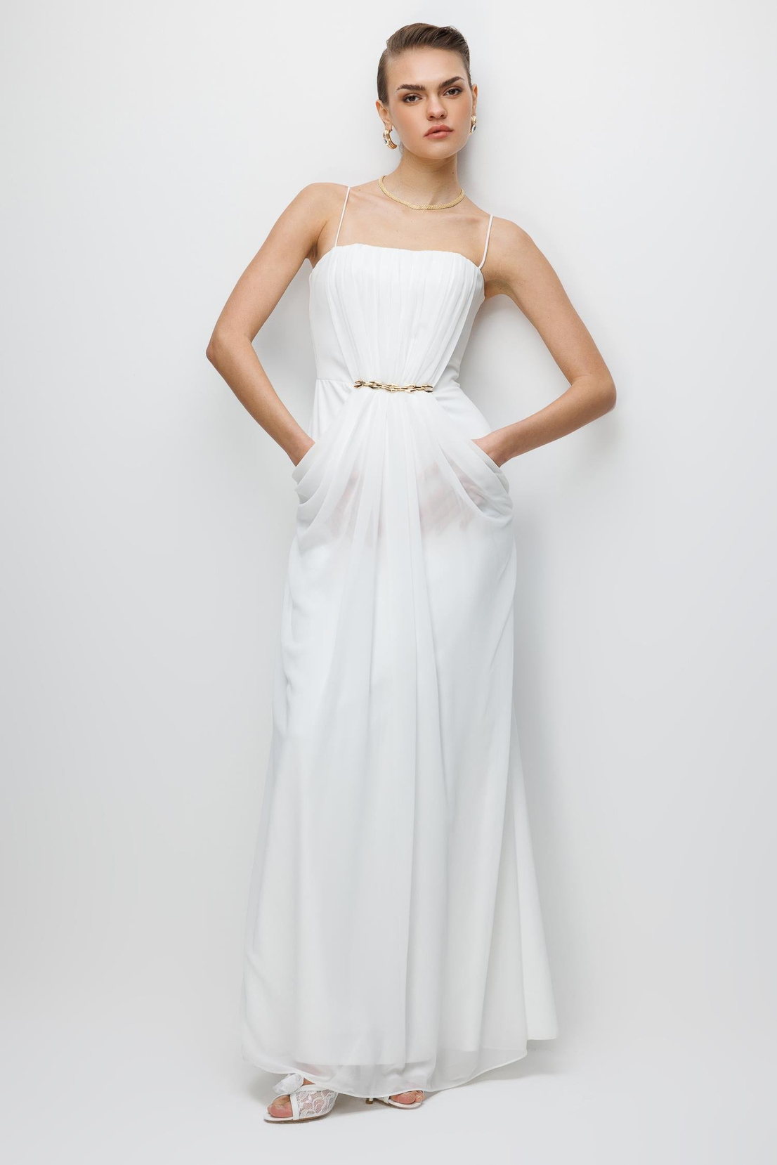Bel Aksesuar Detaylı Drapeli Maxi Boy Elbise EKRU