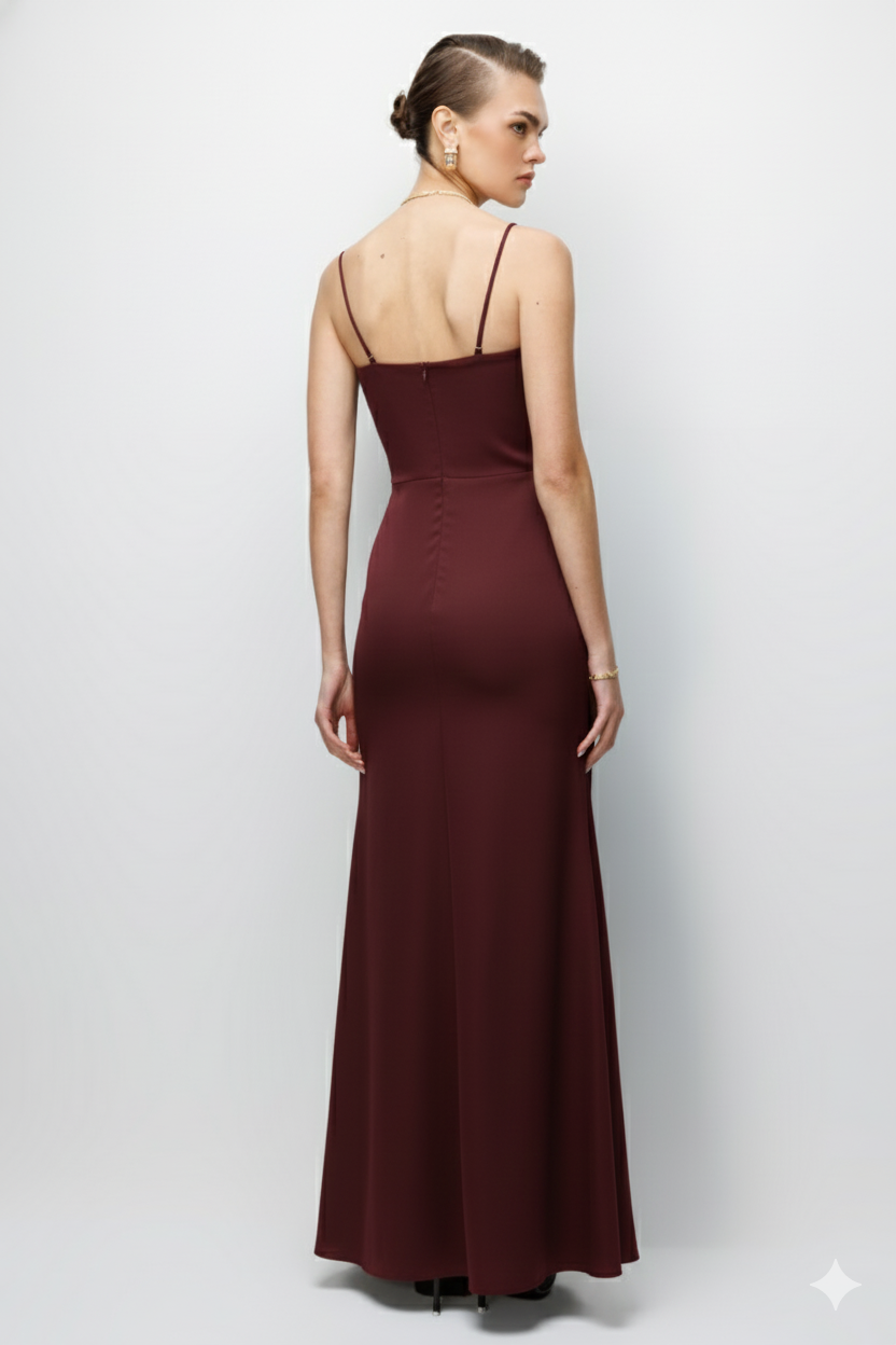 Bel Aksesuar Detaylı Drapeli Maxi Boy Elbise BORDO