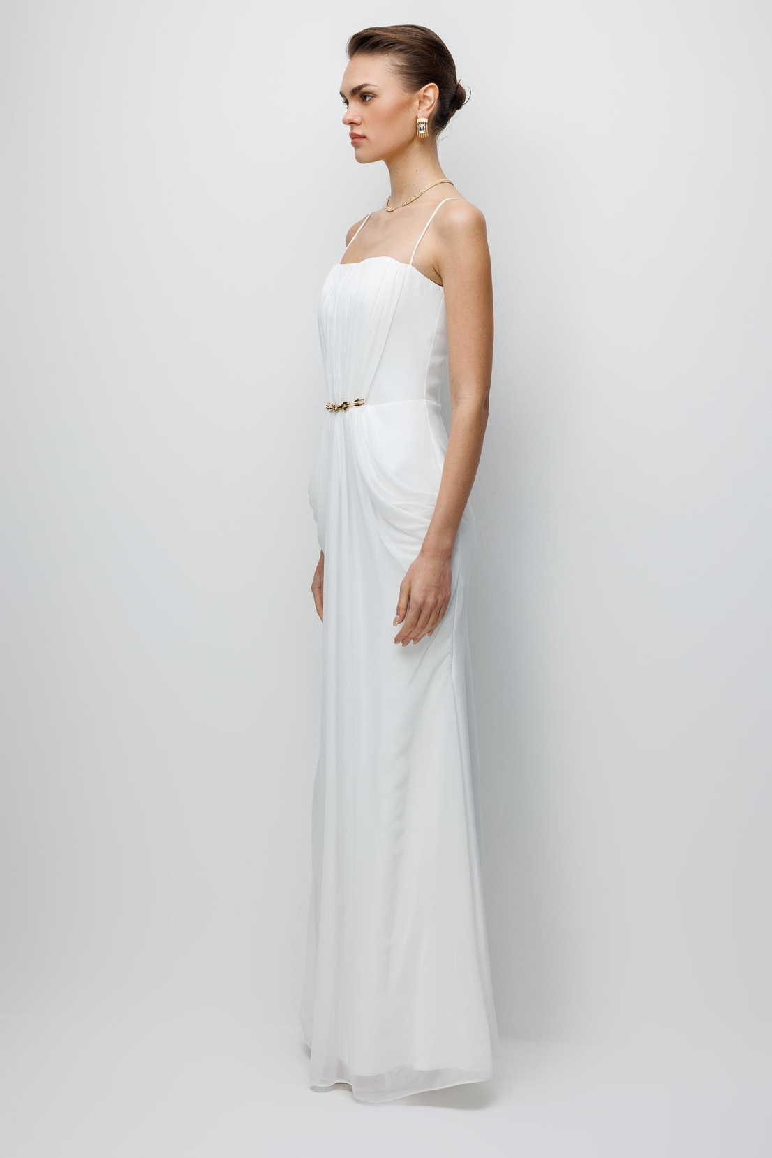 Bel Aksesuar Detaylı Drapeli Maxi Boy Elbise EKRU