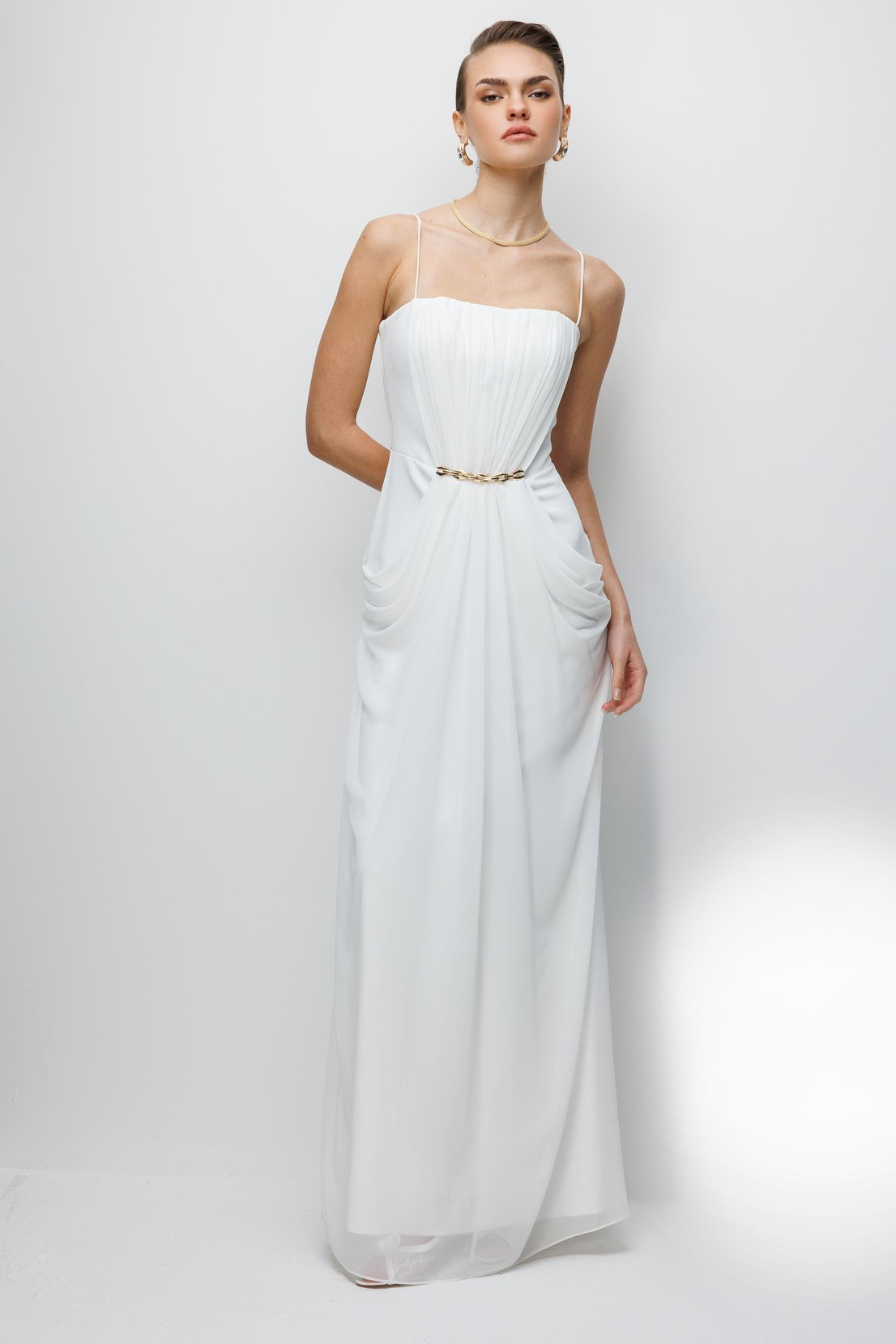 Bel Aksesuar Detaylı Drapeli Maxi Boy Elbise EKRU
