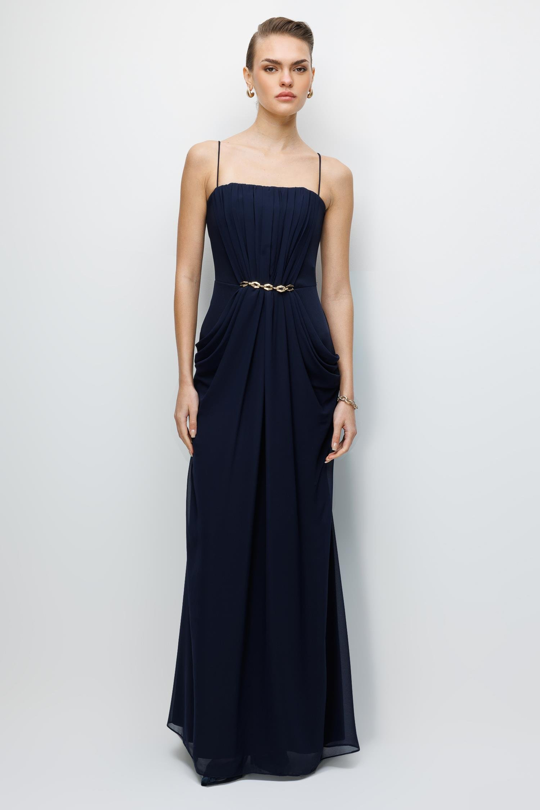 Bel Aksesuar Detaylı Drapeli Maxi Boy Elbise LACİVERT