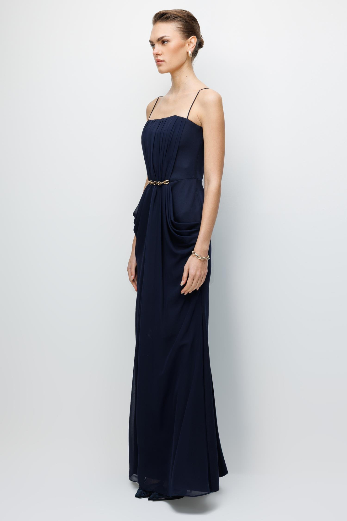 Bel Aksesuar Detaylı Drapeli Maxi Boy Elbise LACİVERT