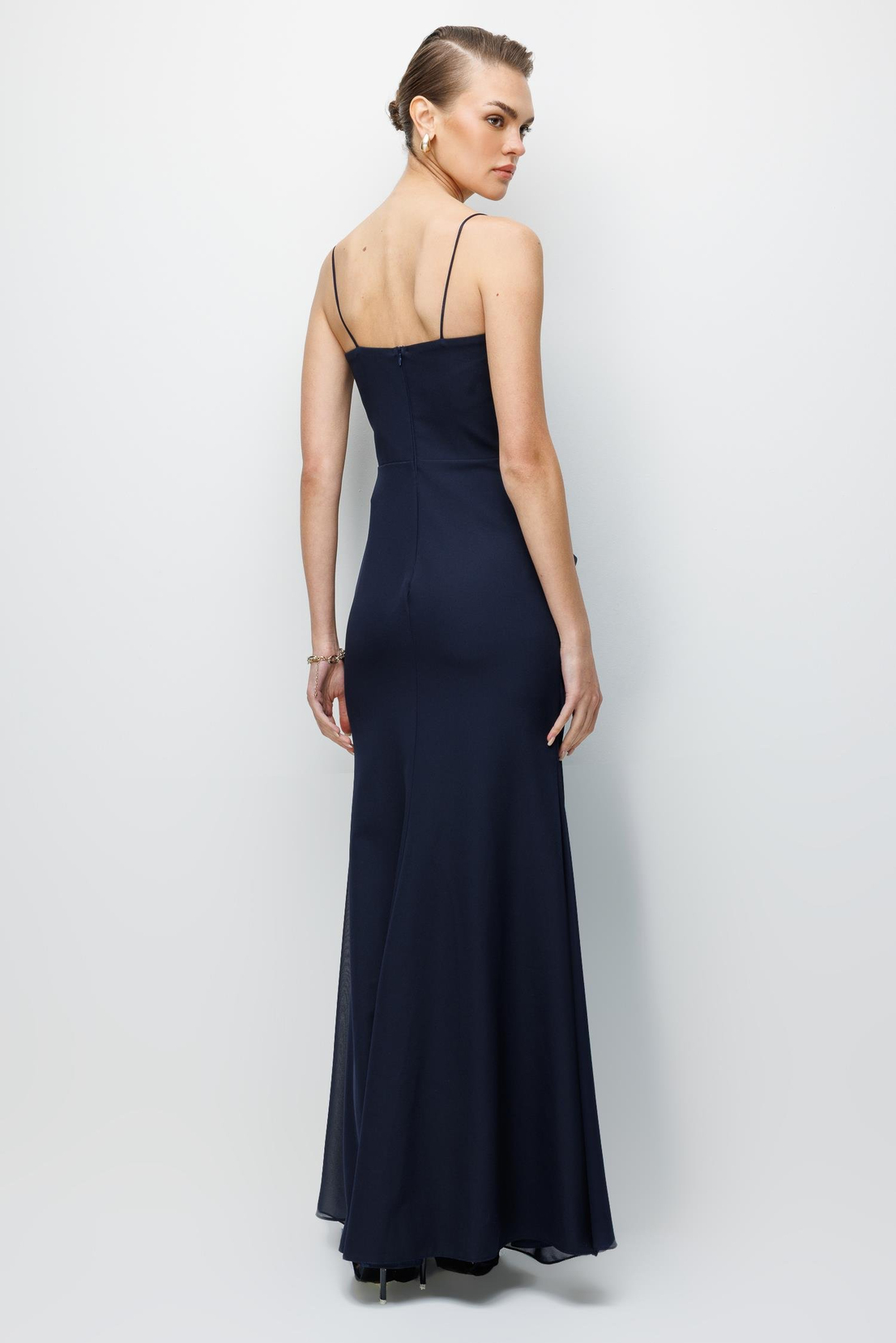 Bel Aksesuar Detaylı Drapeli Maxi Boy Elbise LACİVERT