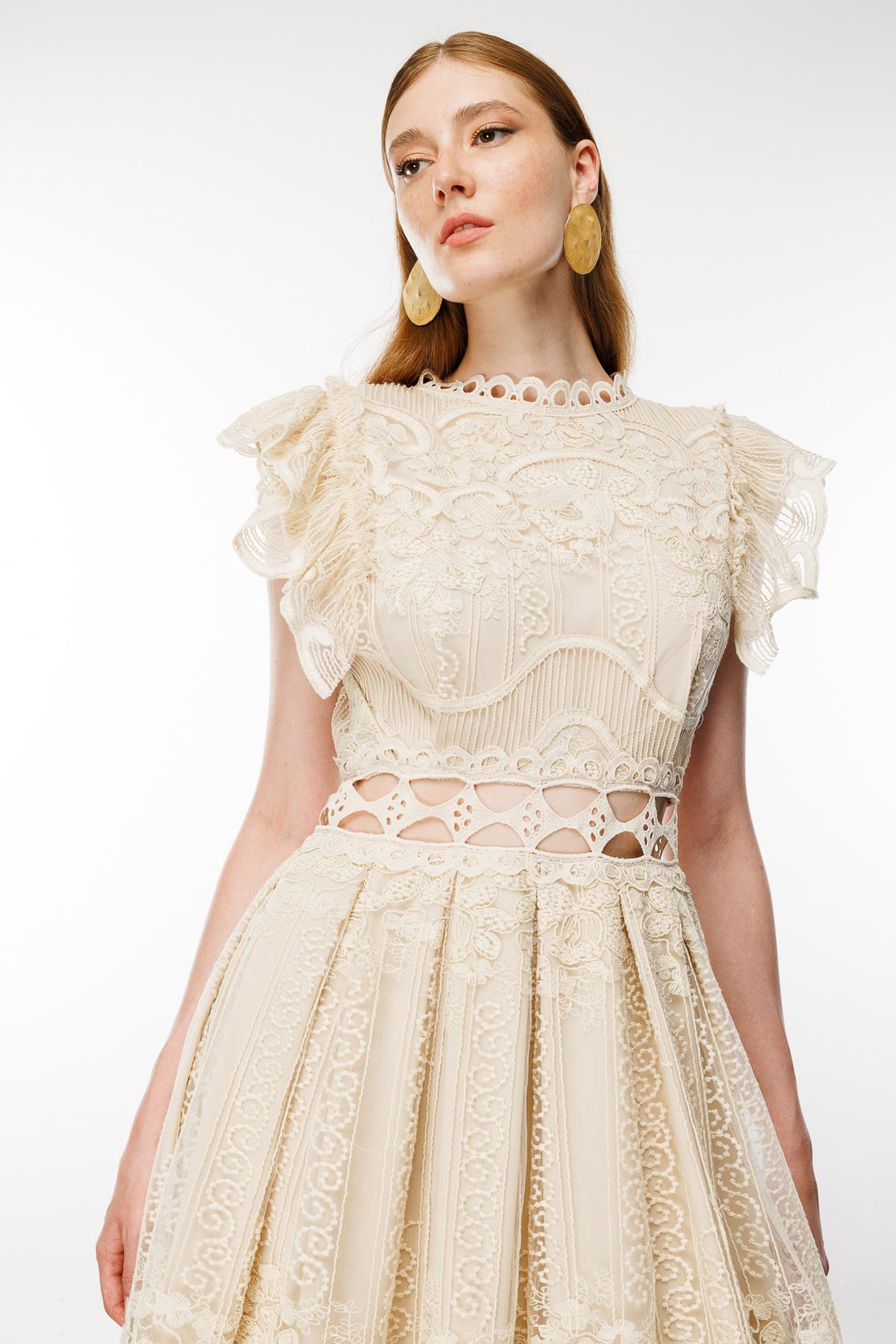 Bel Dekolte Şeritli Dantel Elbise BEJ