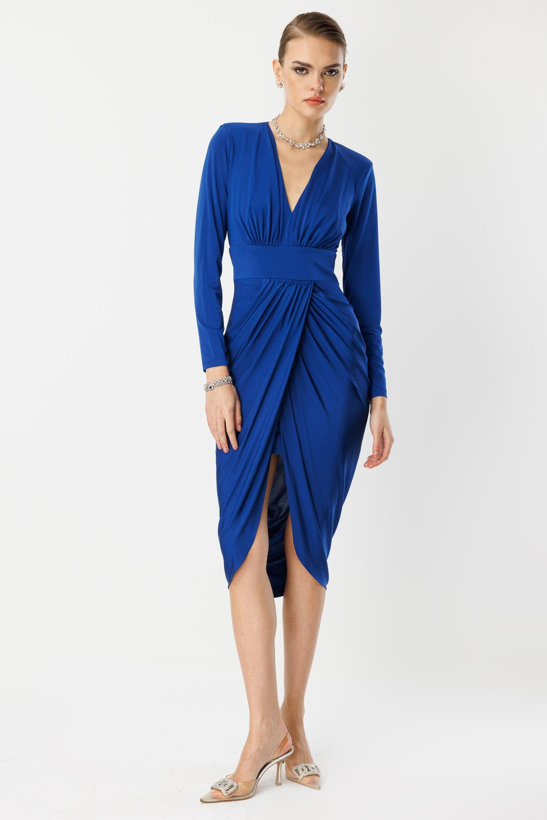 Bel Drape Detay Midi Elbise SAKS