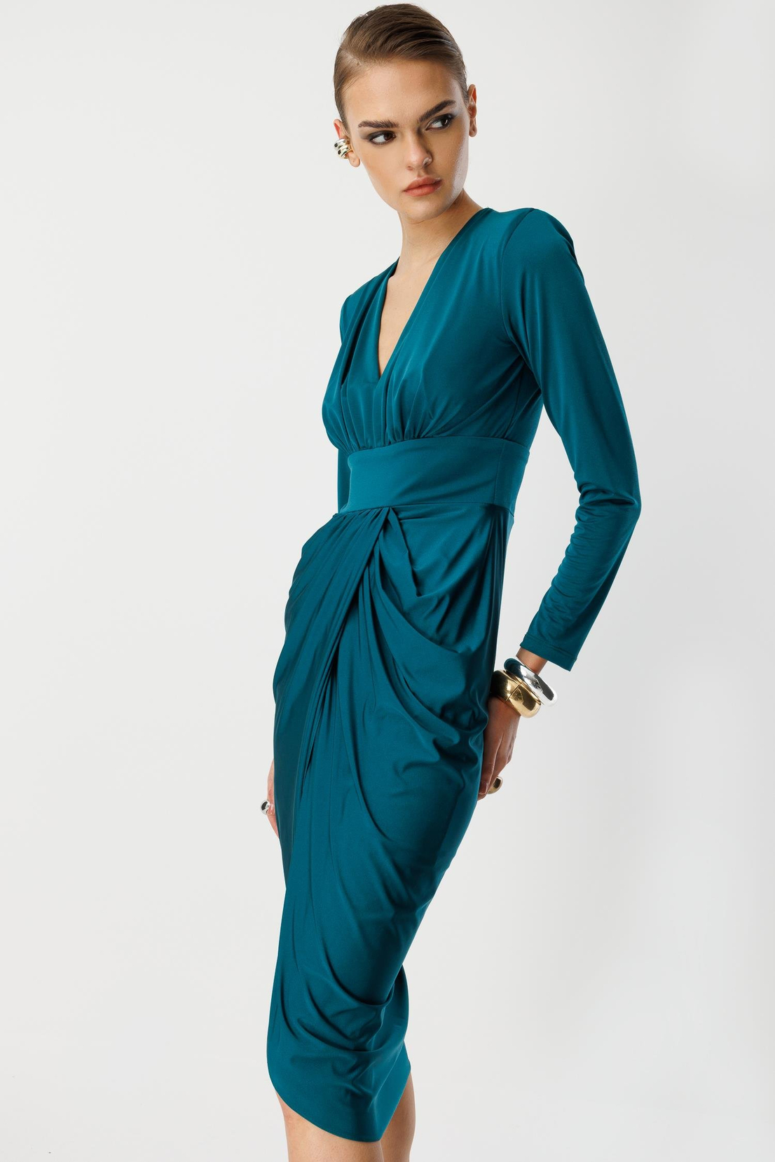 Bel Drape Detay Midi Elbise ZÜMRÜT