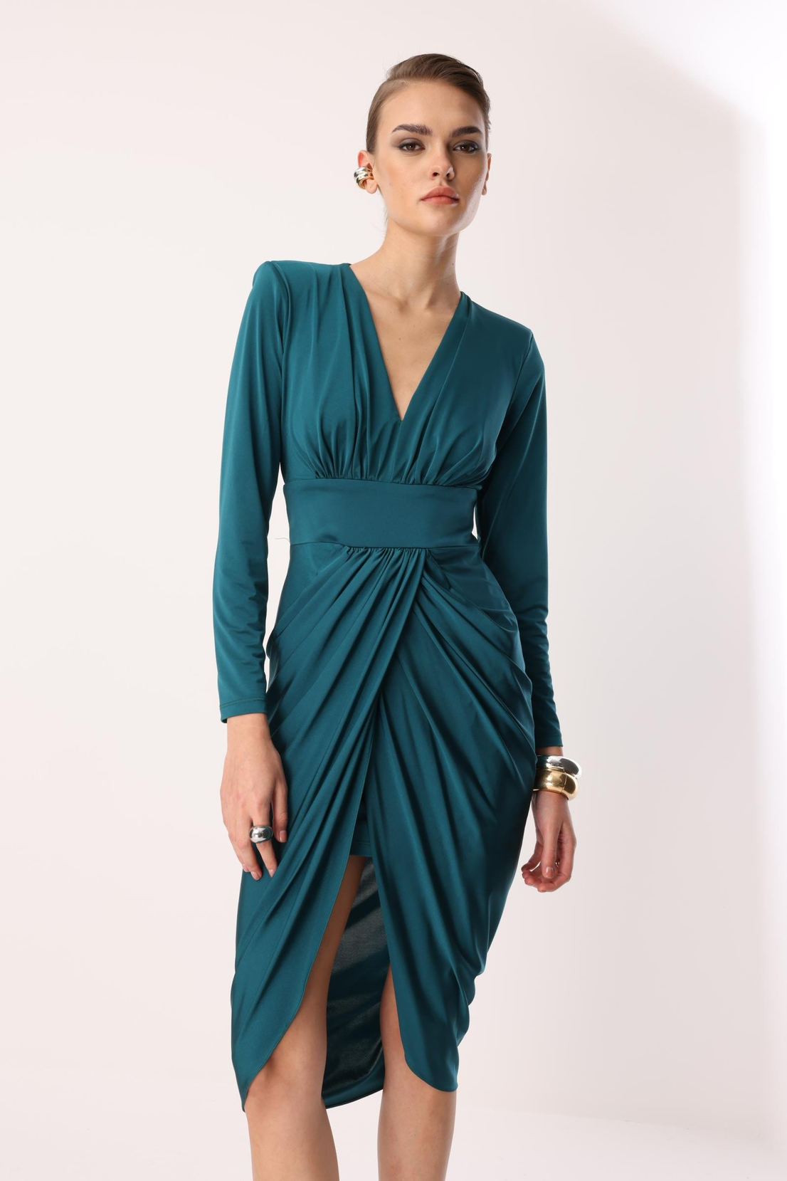 Bel Drape Detay Midi Elbise ZÜMRÜT