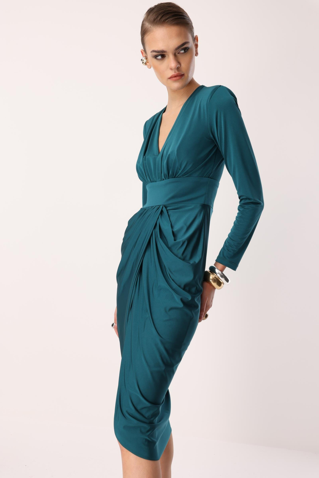 Bel Drape Detay Midi Elbise ZÜMRÜT