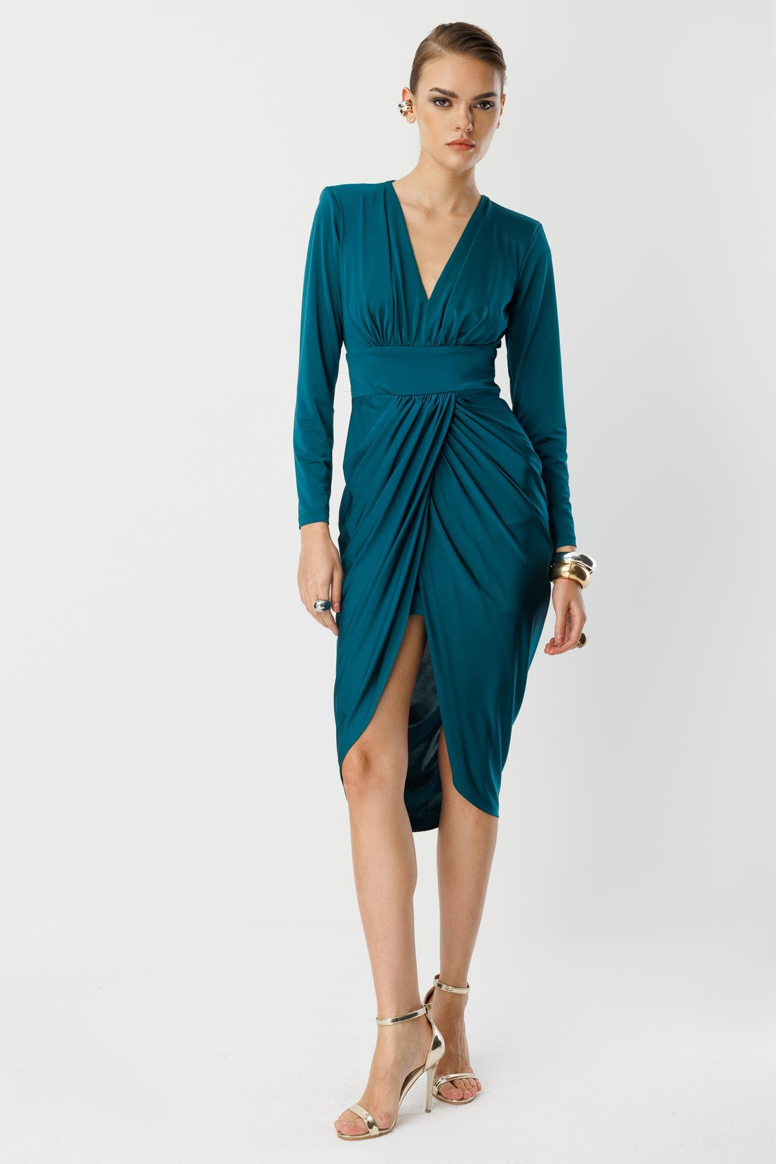 Bel Drape Detay Midi Elbise ZÜMRÜT